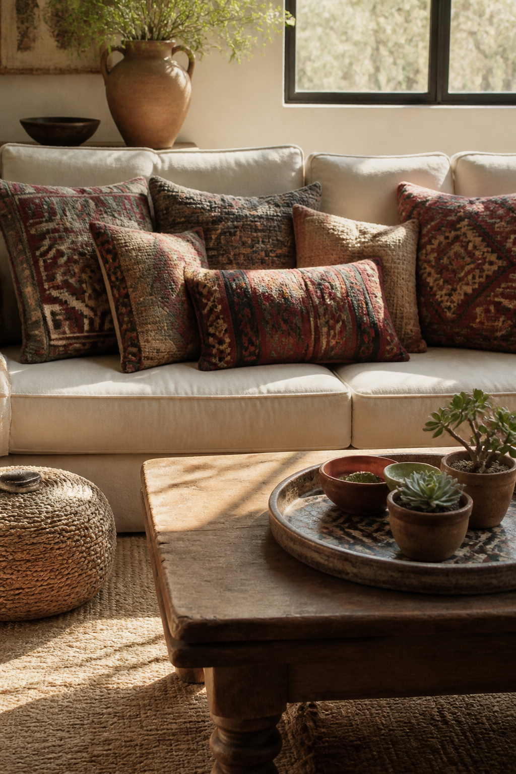 A neutral couch adorned with vintage kilim pillows.