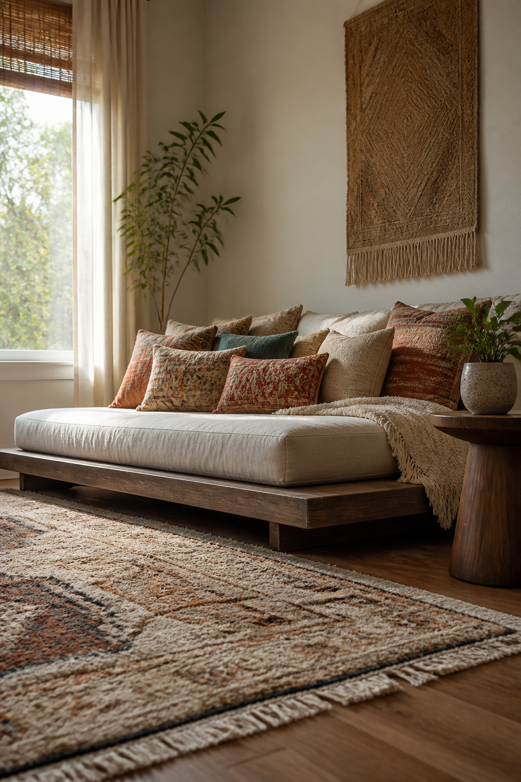 Floor cushions and a low daybed in a casual living space.