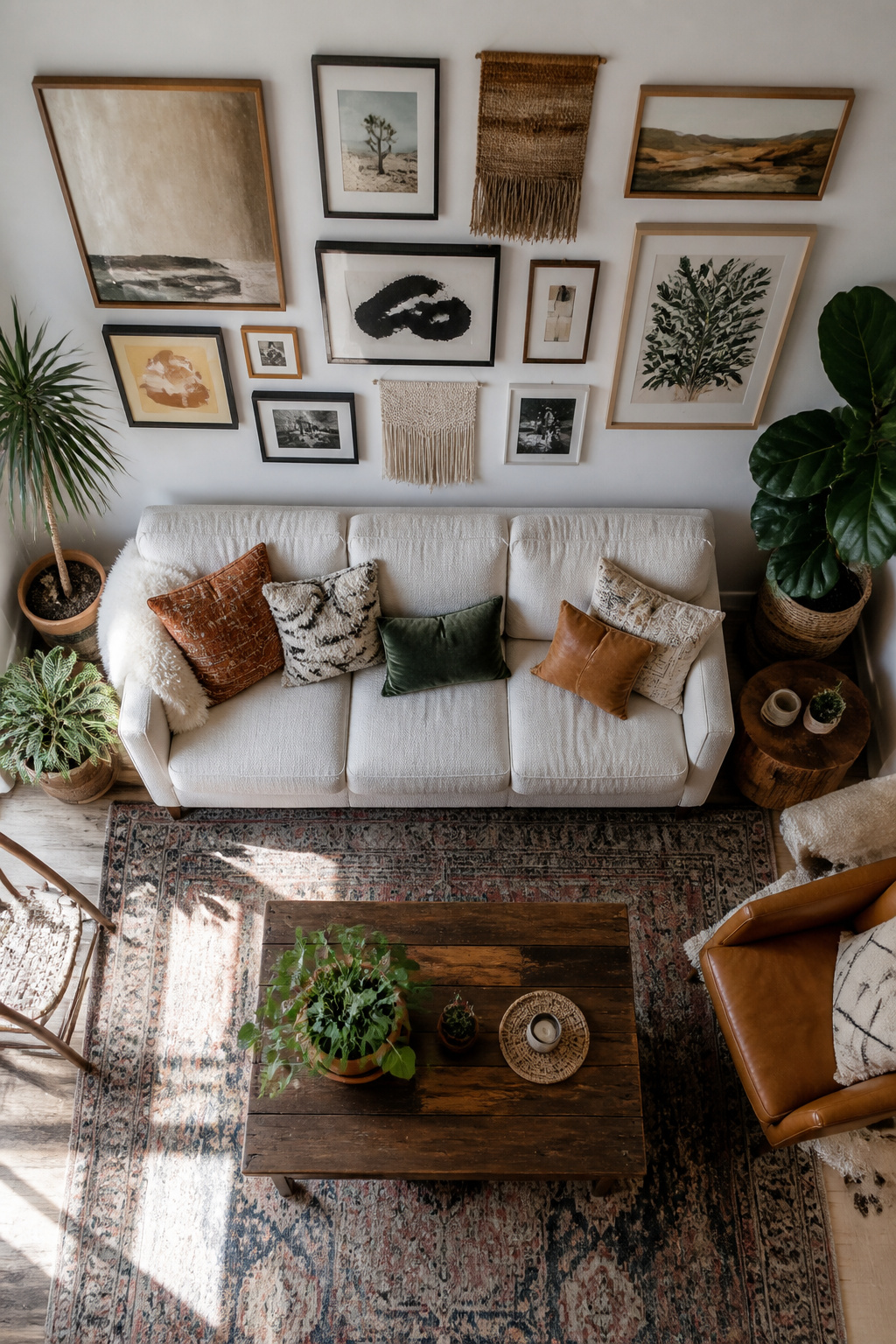 A gallery wall with various art pieces and frames.