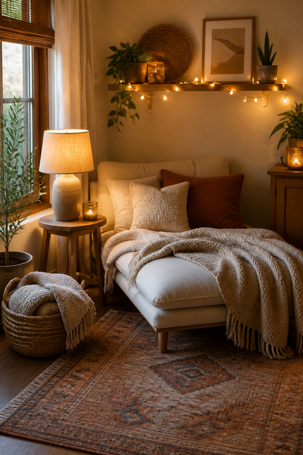 A reading nook with warm lighting and comfortable cushions.