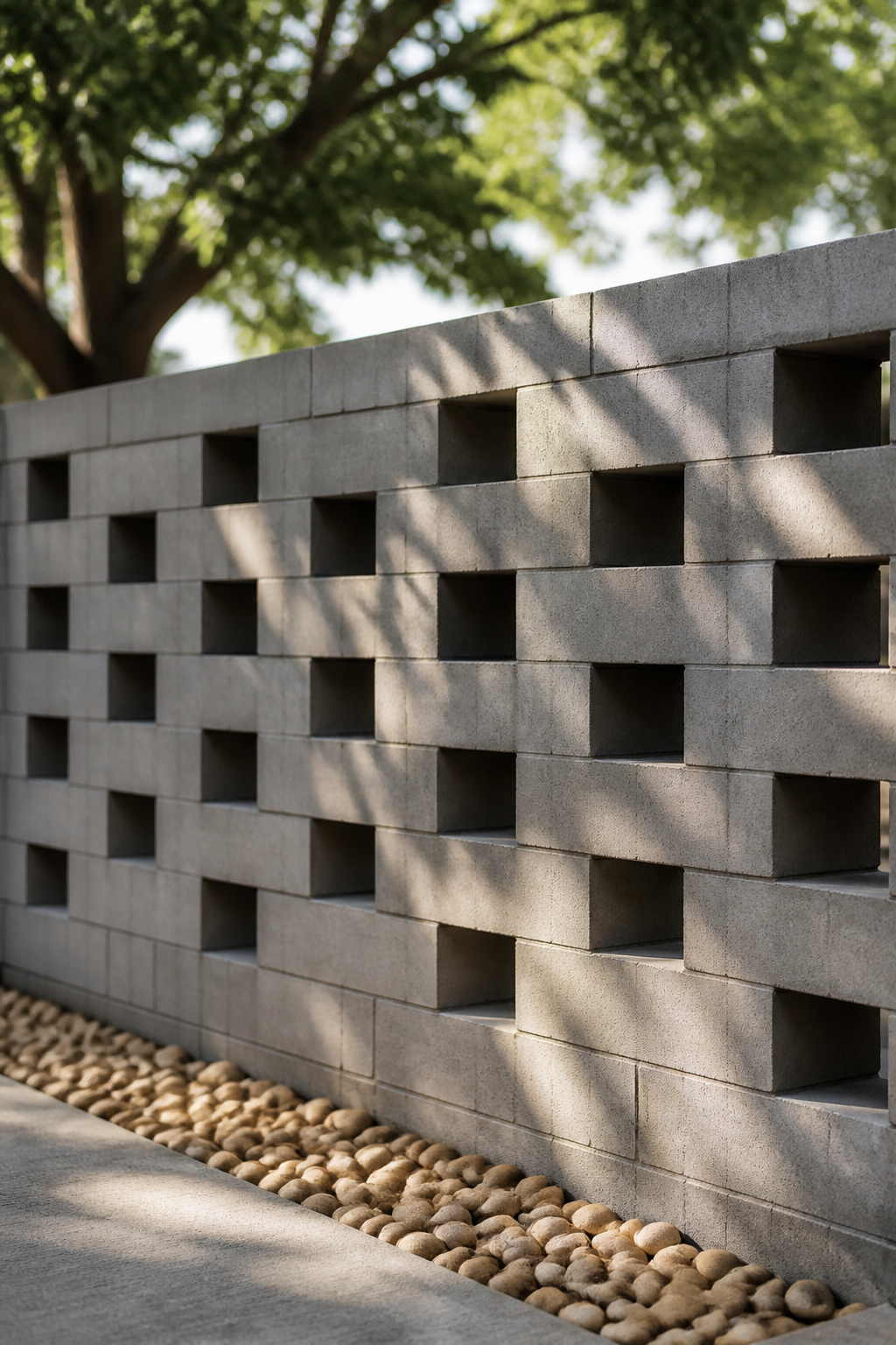 Photograph of rectangular breeze blocks in a garden backdrop.