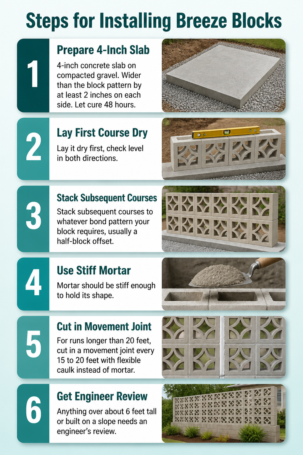 Illustration of steps for installing breeze blocks.