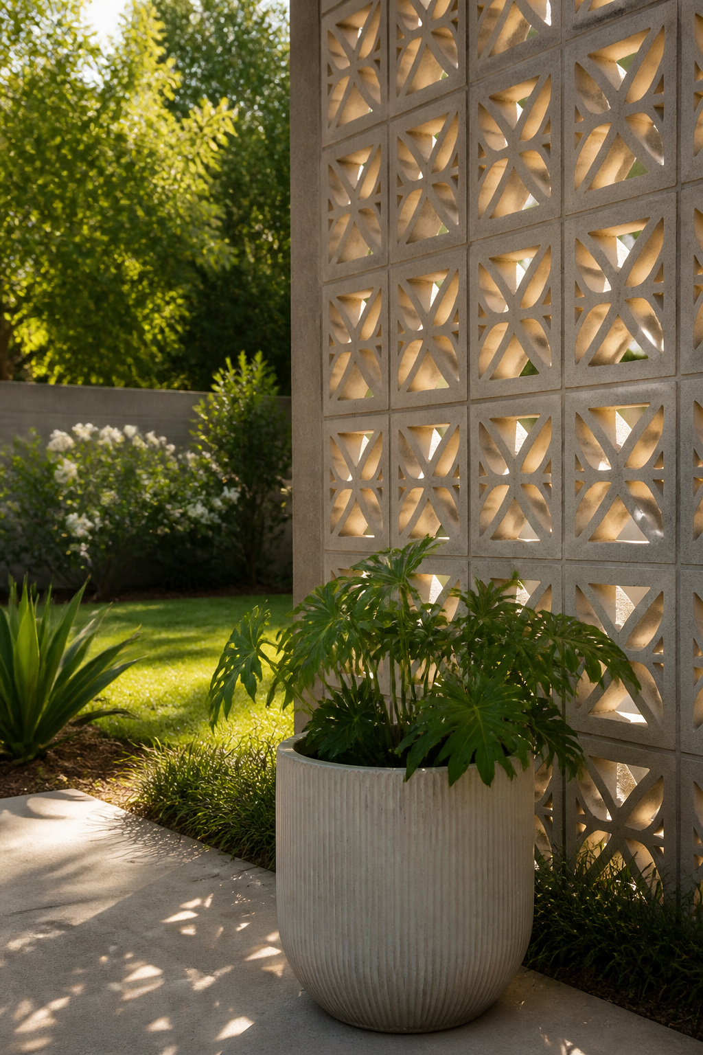 Close-up of decorative concrete blocks forming a privacy wall.