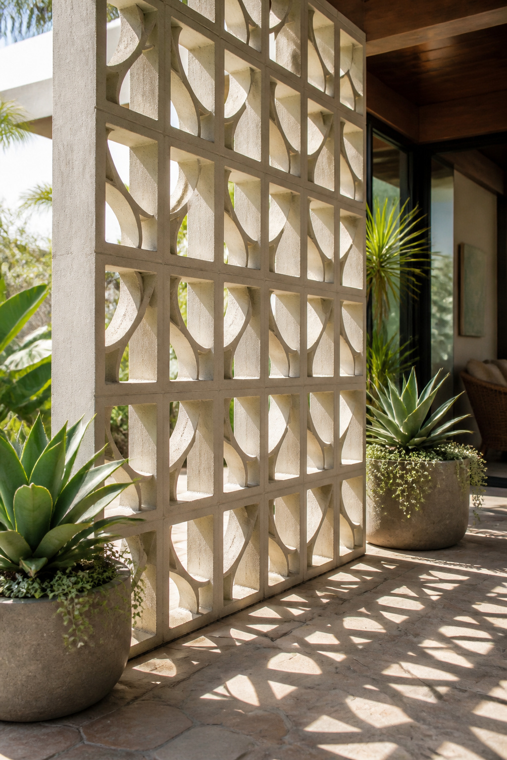 Photograph showing screen blocks with geometric cutouts.