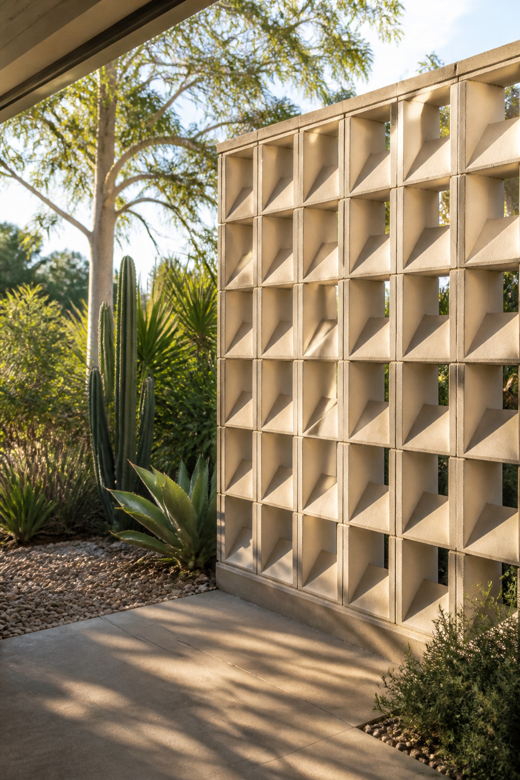 A modern fence made from solar screen blocks in a garden.