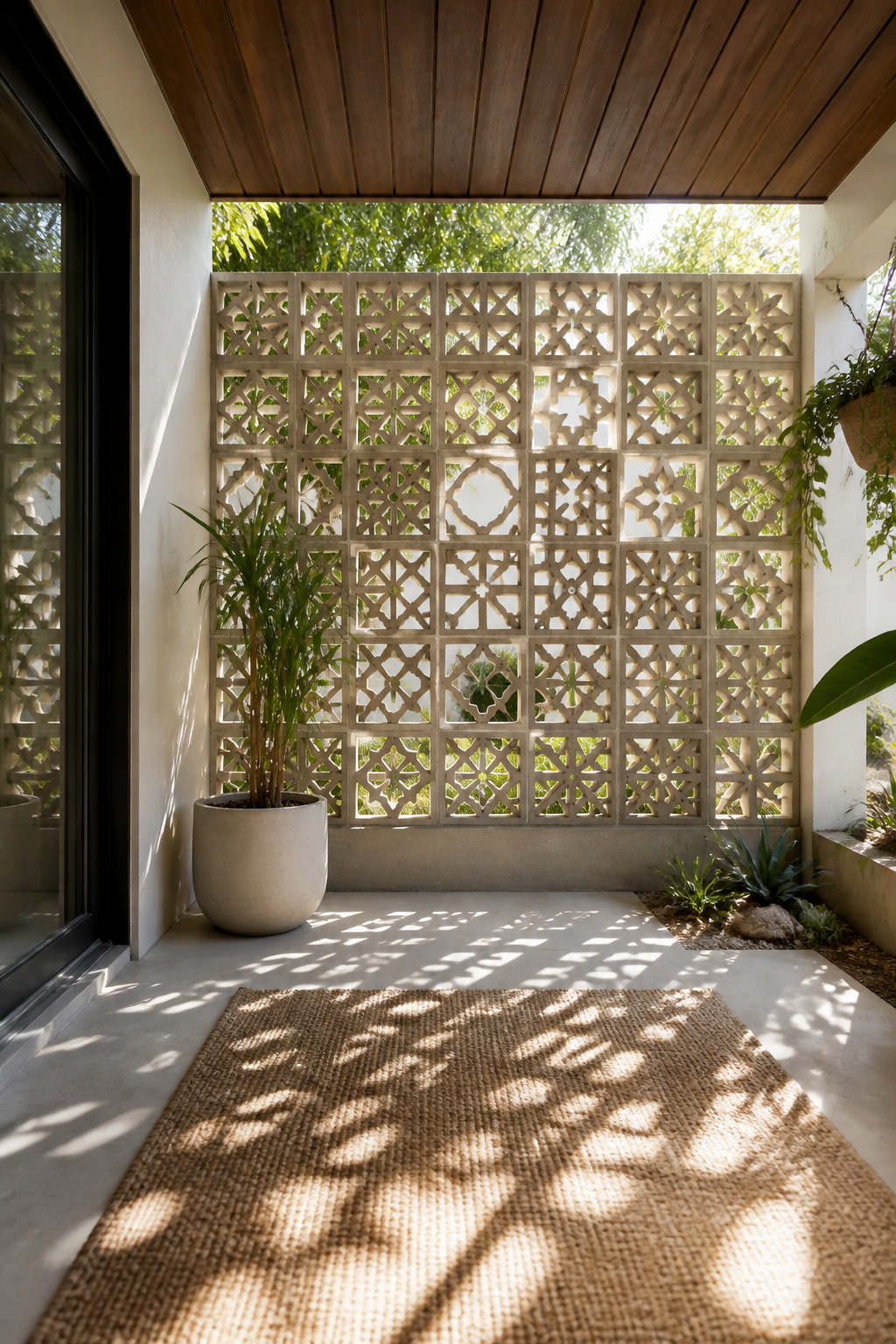 Installation of pattern blocks arranged as a decorative wall.