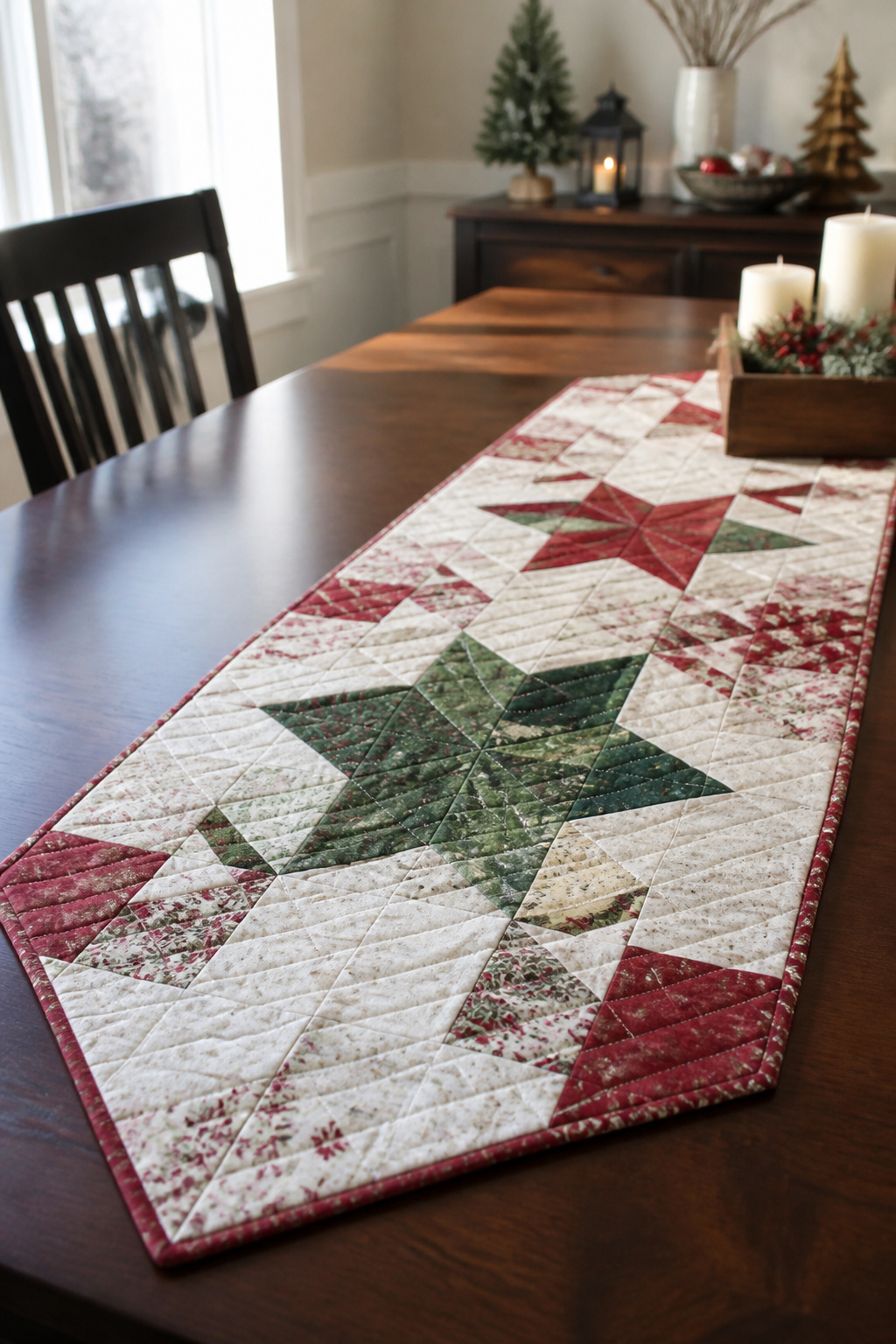 A quilted table runner with patchwork fabric and diagonal quilting.