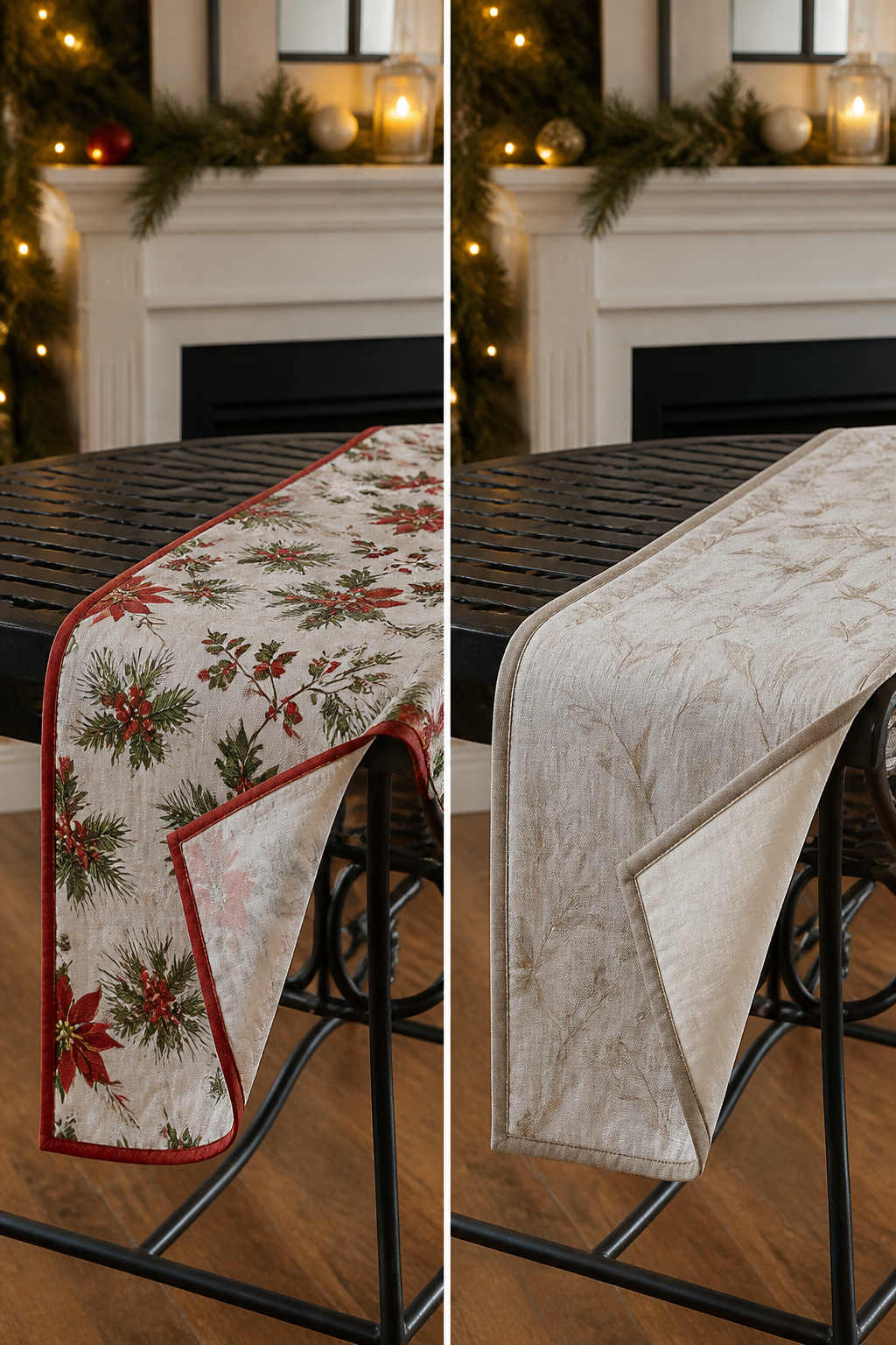A dual-sided table runner with two different fabric designs.