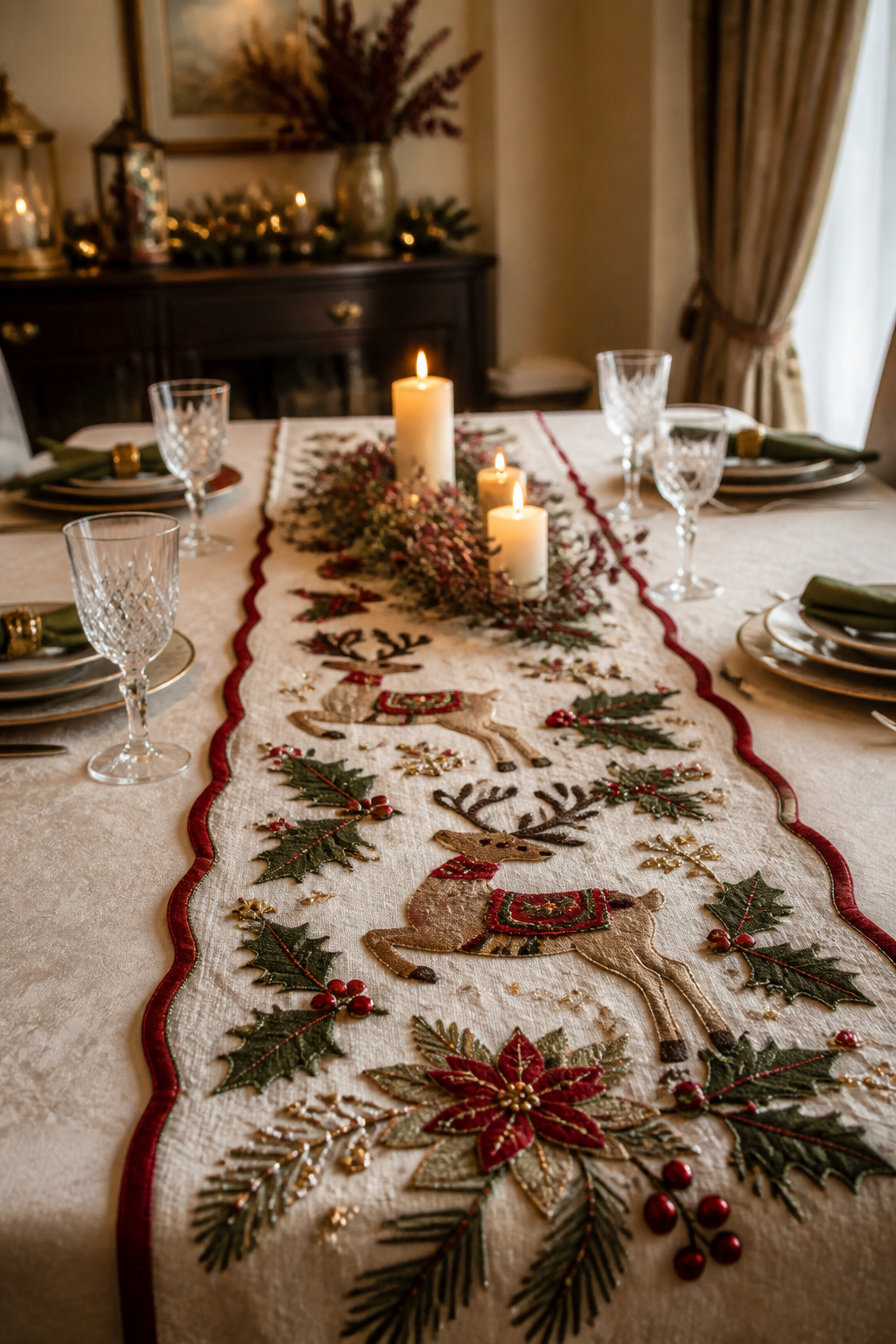 A decorated table runner with appliqués of reindeer and holly.