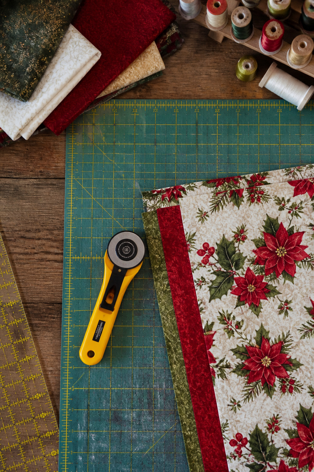 A rotary cutter and self-healing mat for cutting fabric.