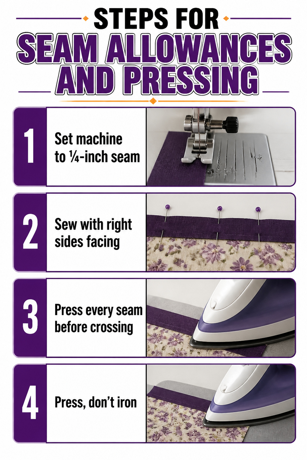 Steps for achieving accurate seam allowances and pressing.