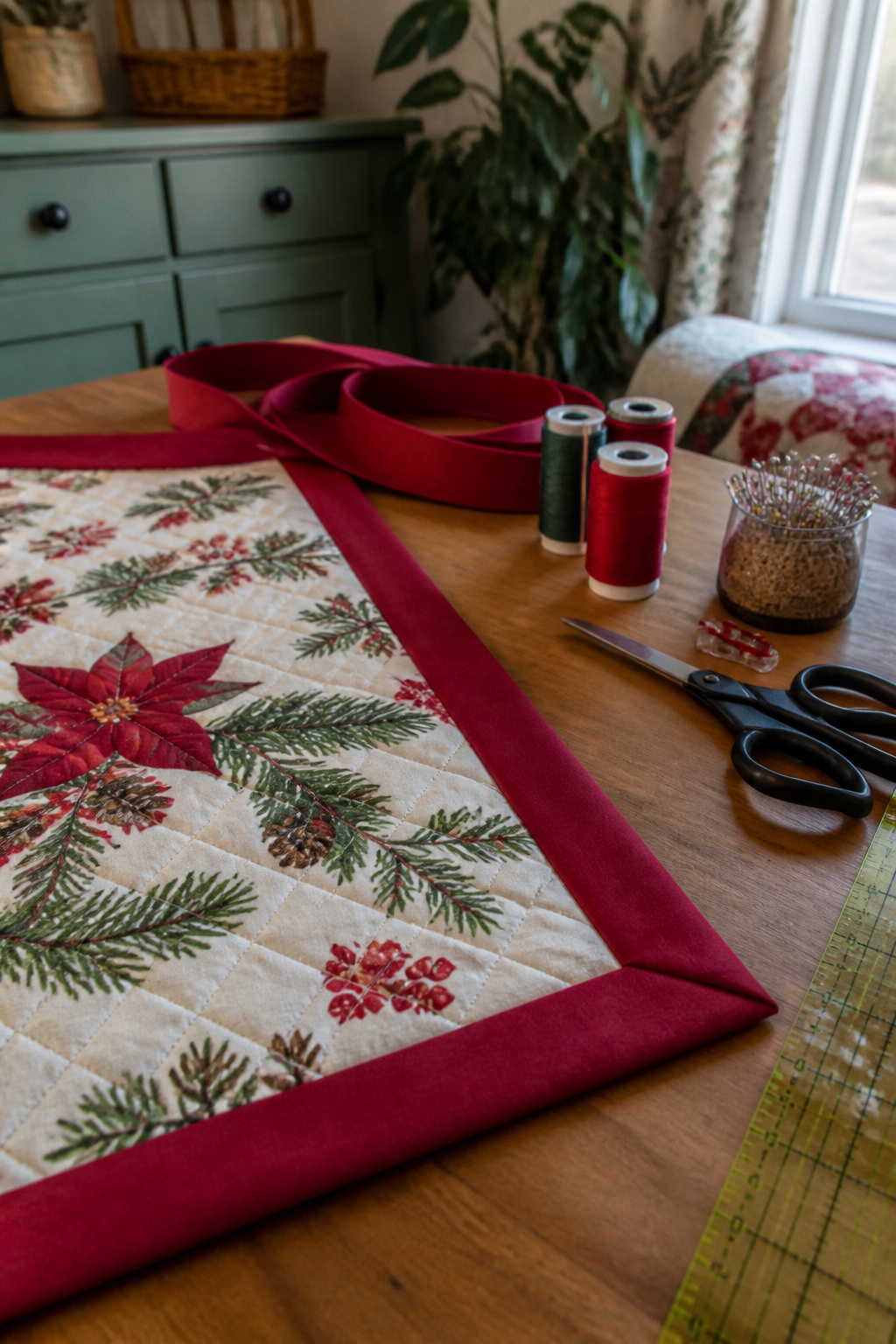 A close-up of binding the edges of a Christmas table runner.
