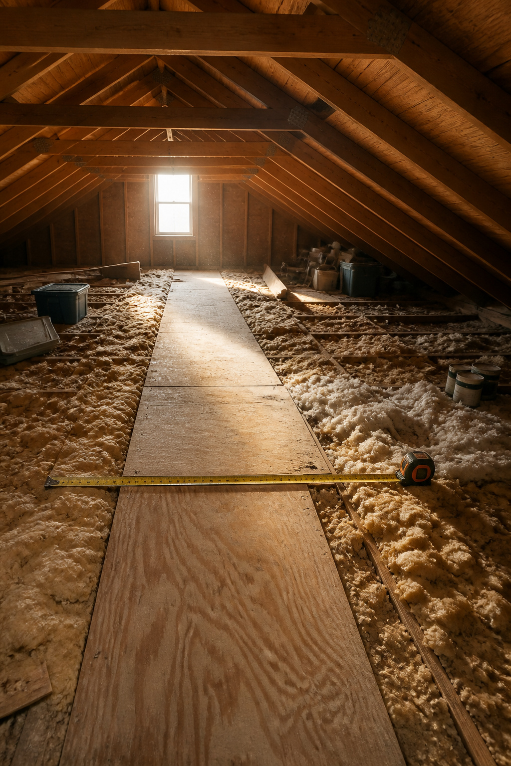 A tape measure showing the depth of insulation in an attic.