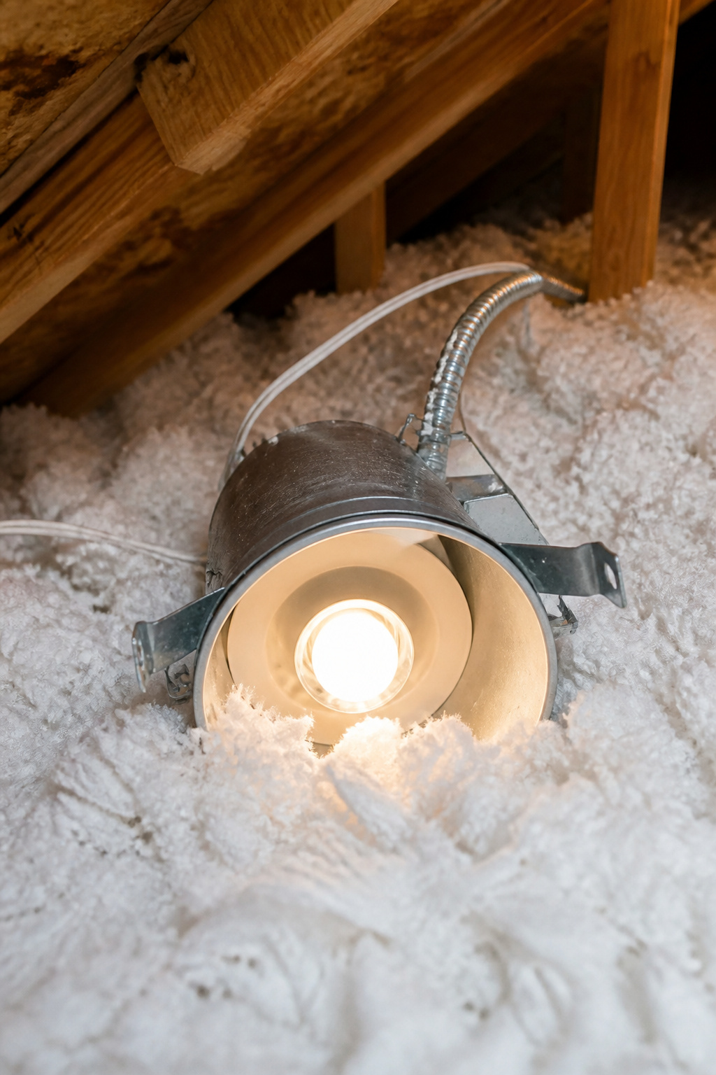 A recessed light fixture labeled as IC rated in an attic.