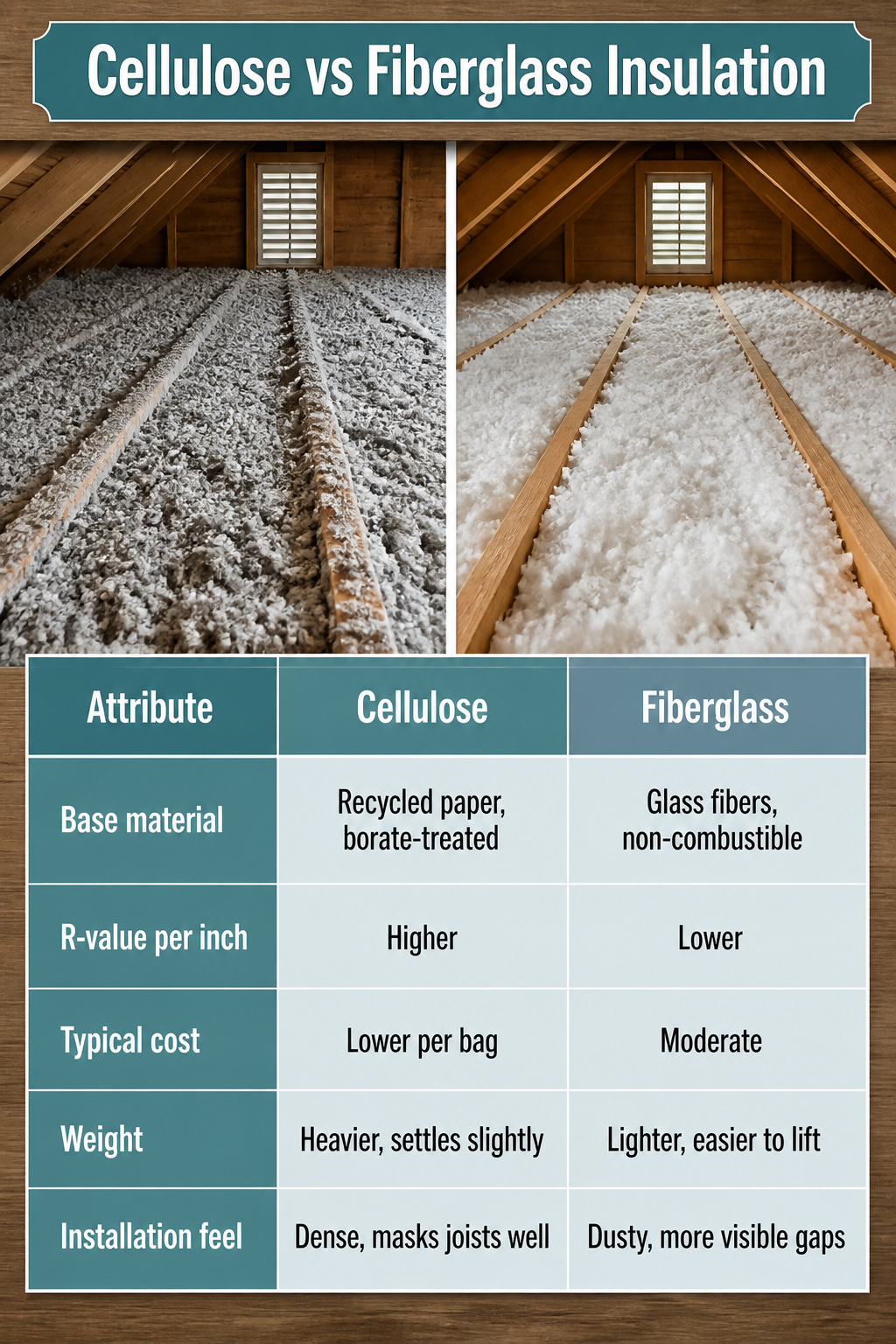 A comparison chart detailing cellulose and fiberglass insulation attributes.