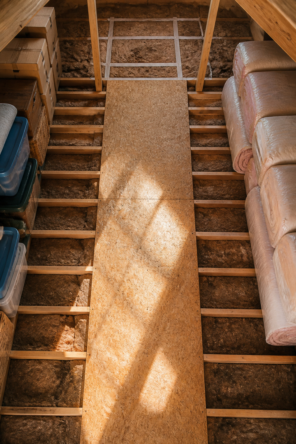 An attic with cleared items, showing a prepared workspace for insulation.