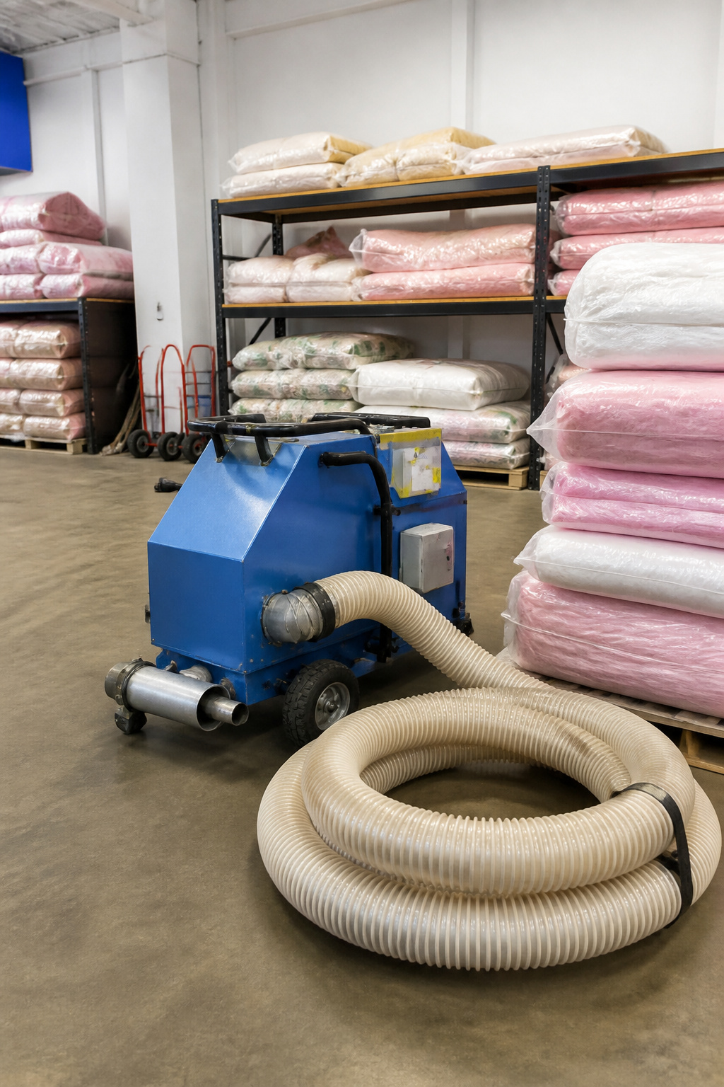 A blowing machine displayed in a rental area with insulation bags.