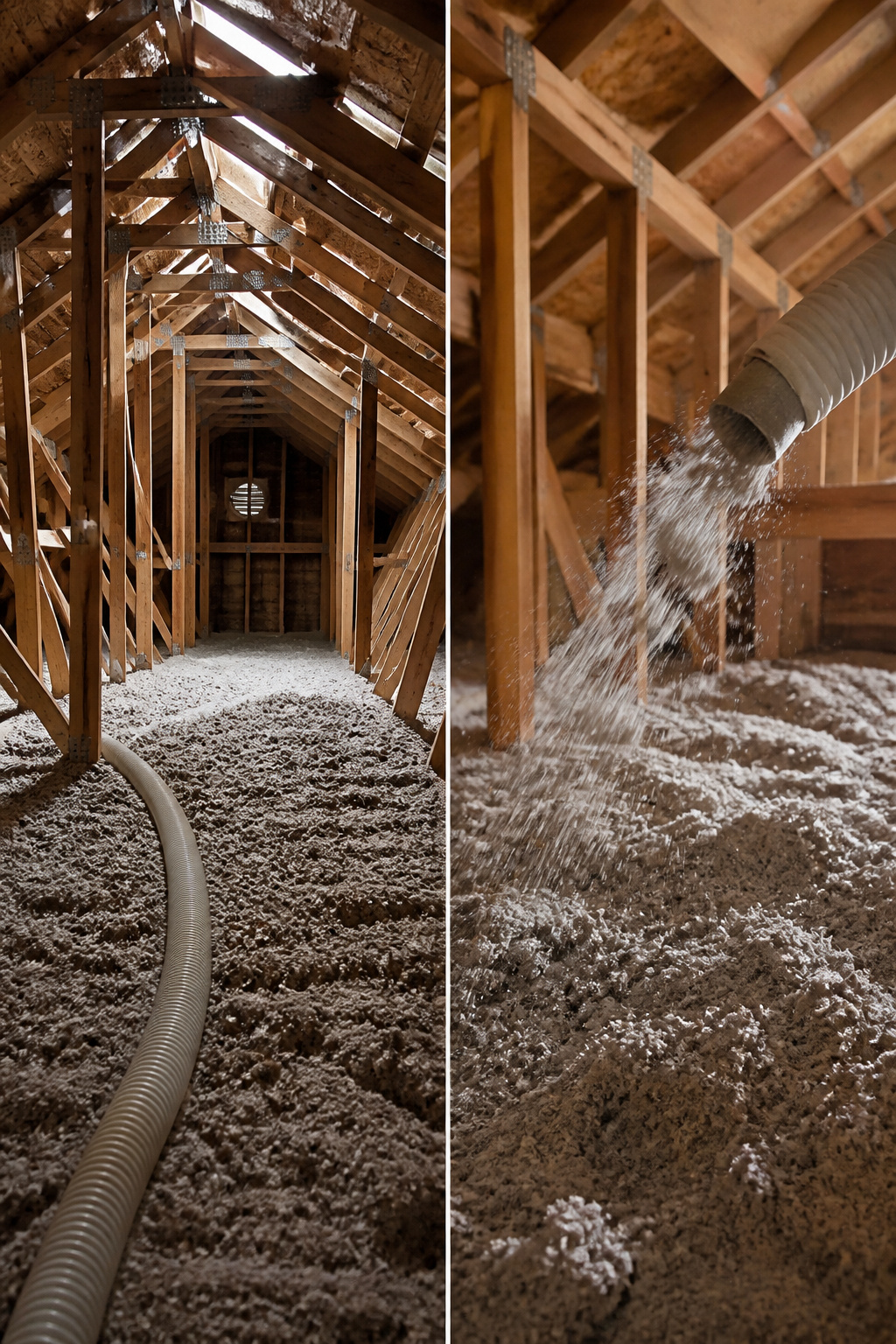 A worker using a hose to blow insulation into an attic.