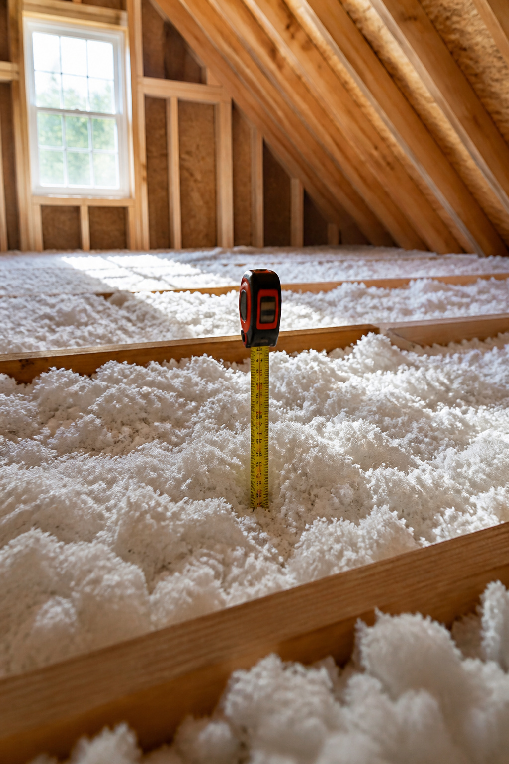 A close-up of a tape measure in blown insulation in an attic.