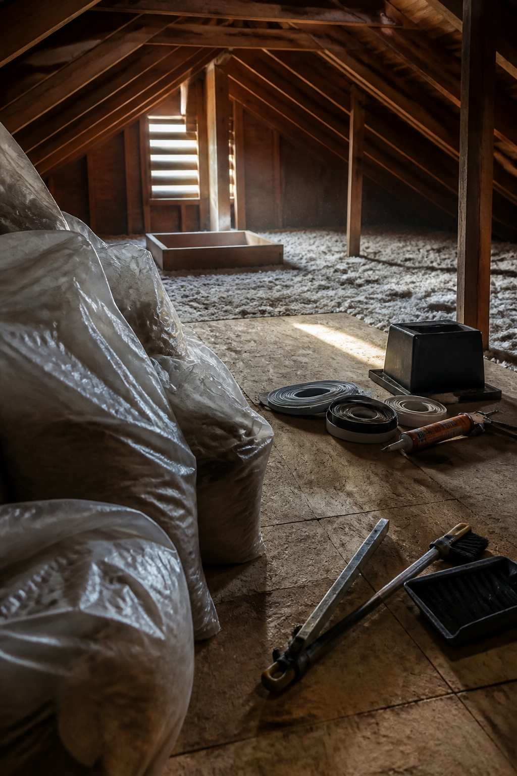 Empty insulation bags and tools in a well-used attic during cleanup.