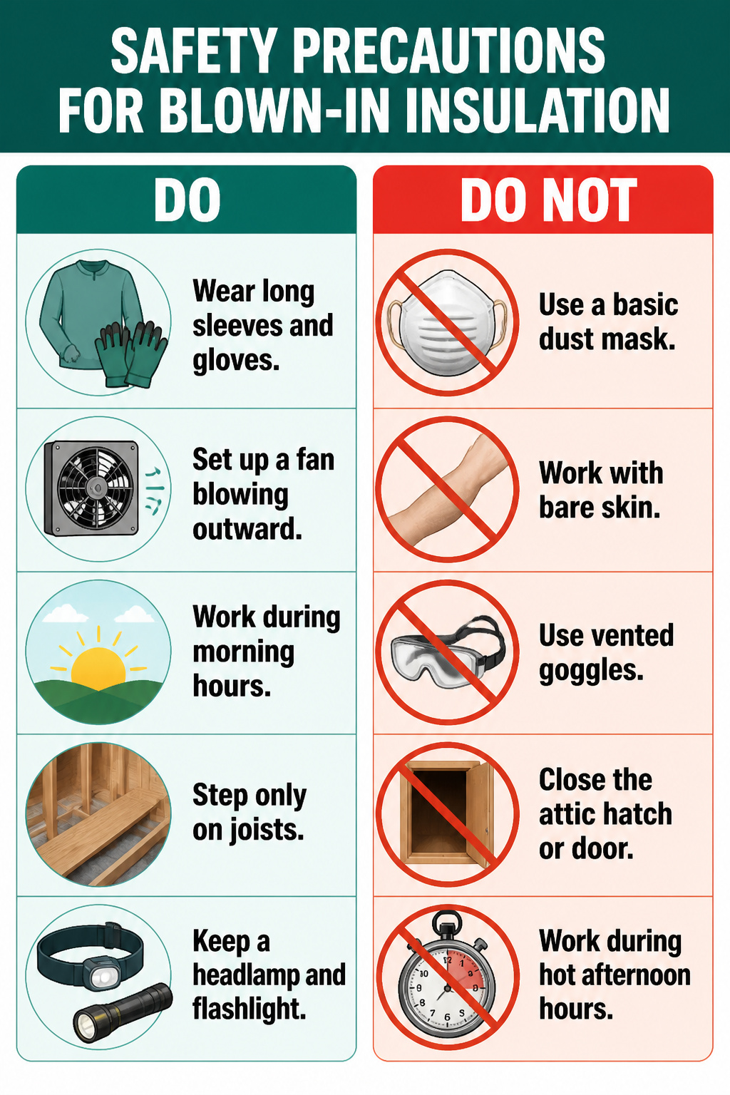 Safety equipment including a respirator and goggles for insulation work.