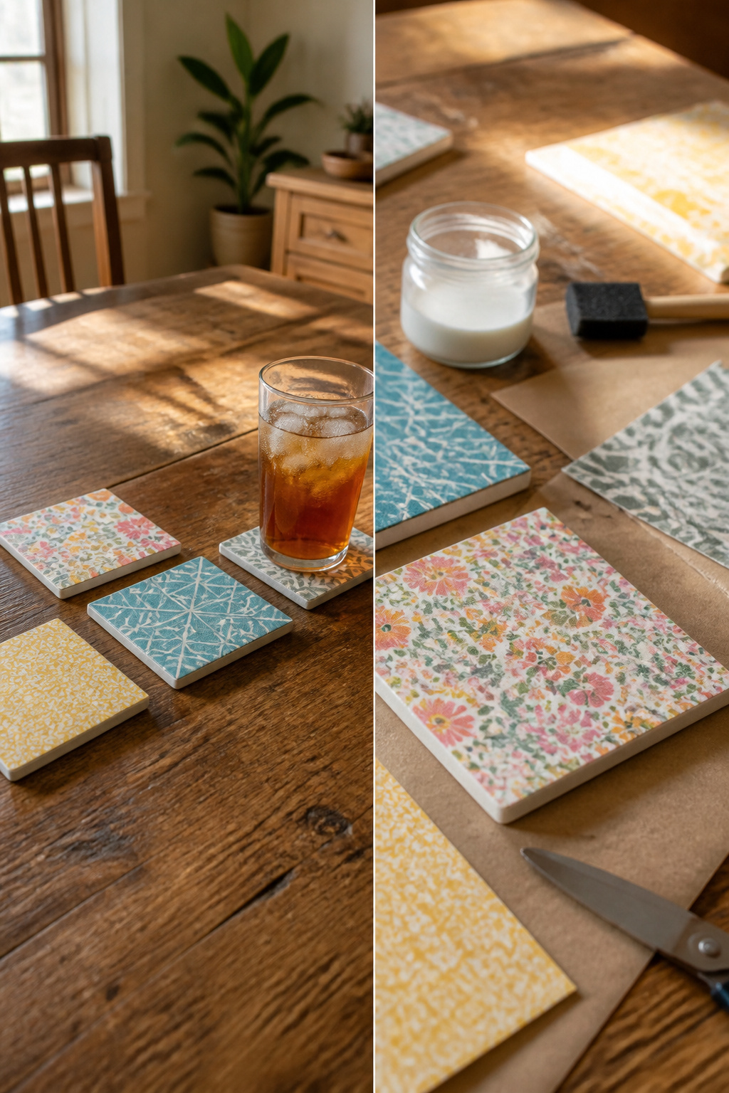 A 4-inch ceramic tile decorated with paper and Mod Podge.