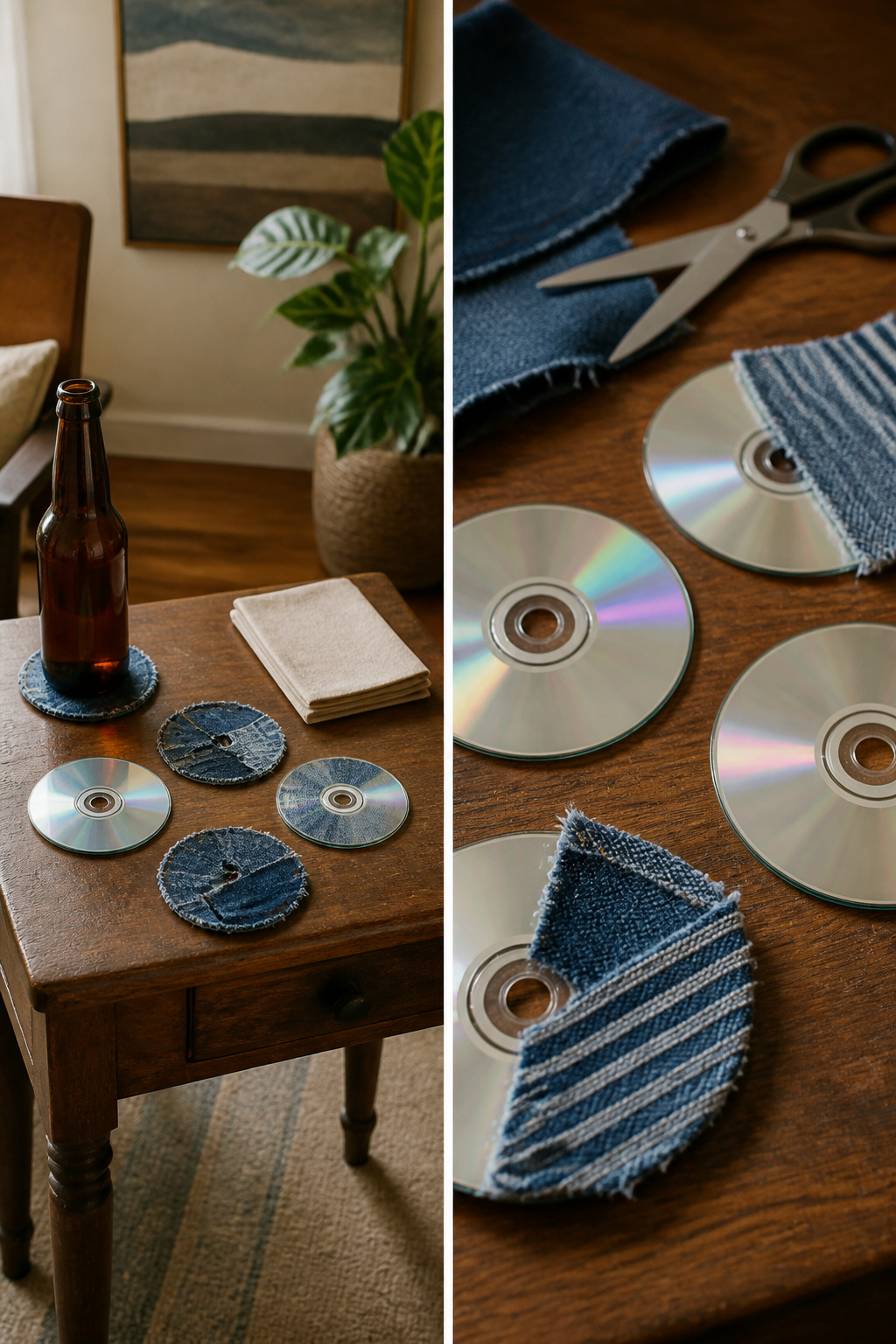Old CDs and denim scraps repurposed into unique coasters.