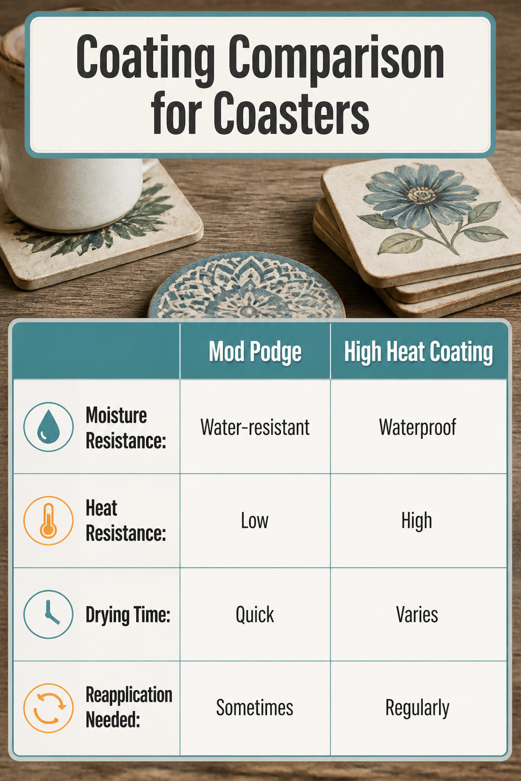 An informative image comparing different coatings for coasters.