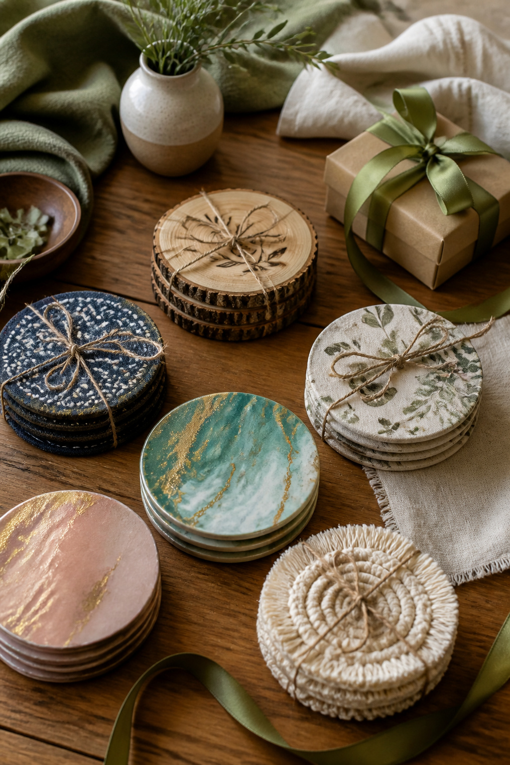 A display of personalized coasters ready to be gifted on a wooden table.