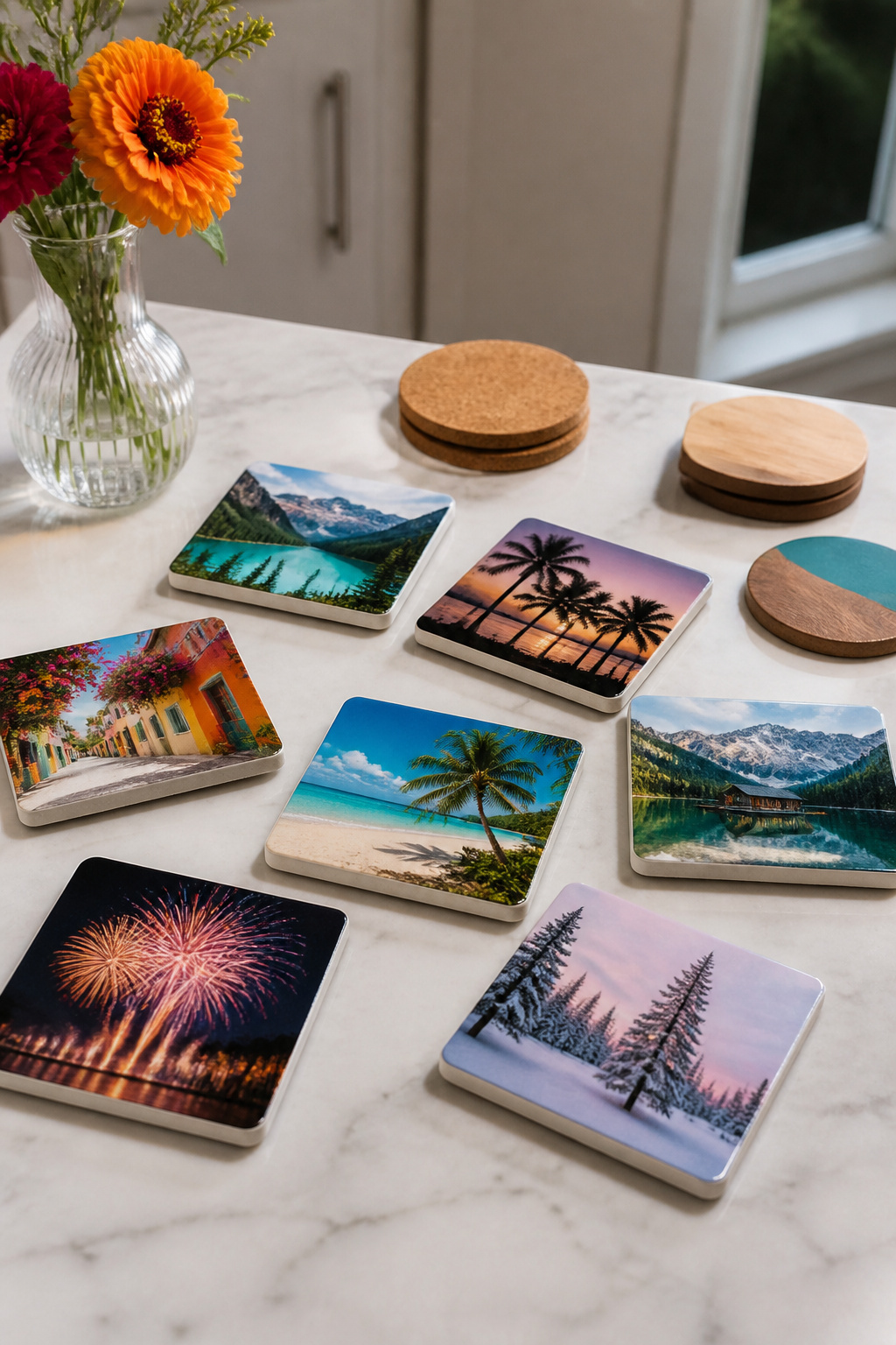 A set of photo coasters displaying family pictures on a marble countertop.