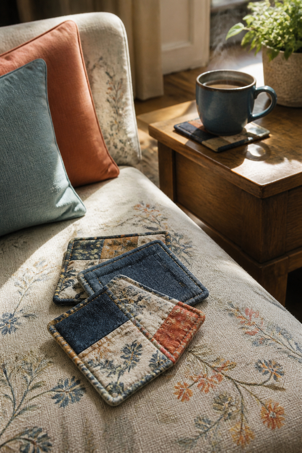 A set of fabric coasters displayed on a sofa with a coffee cup nearby.