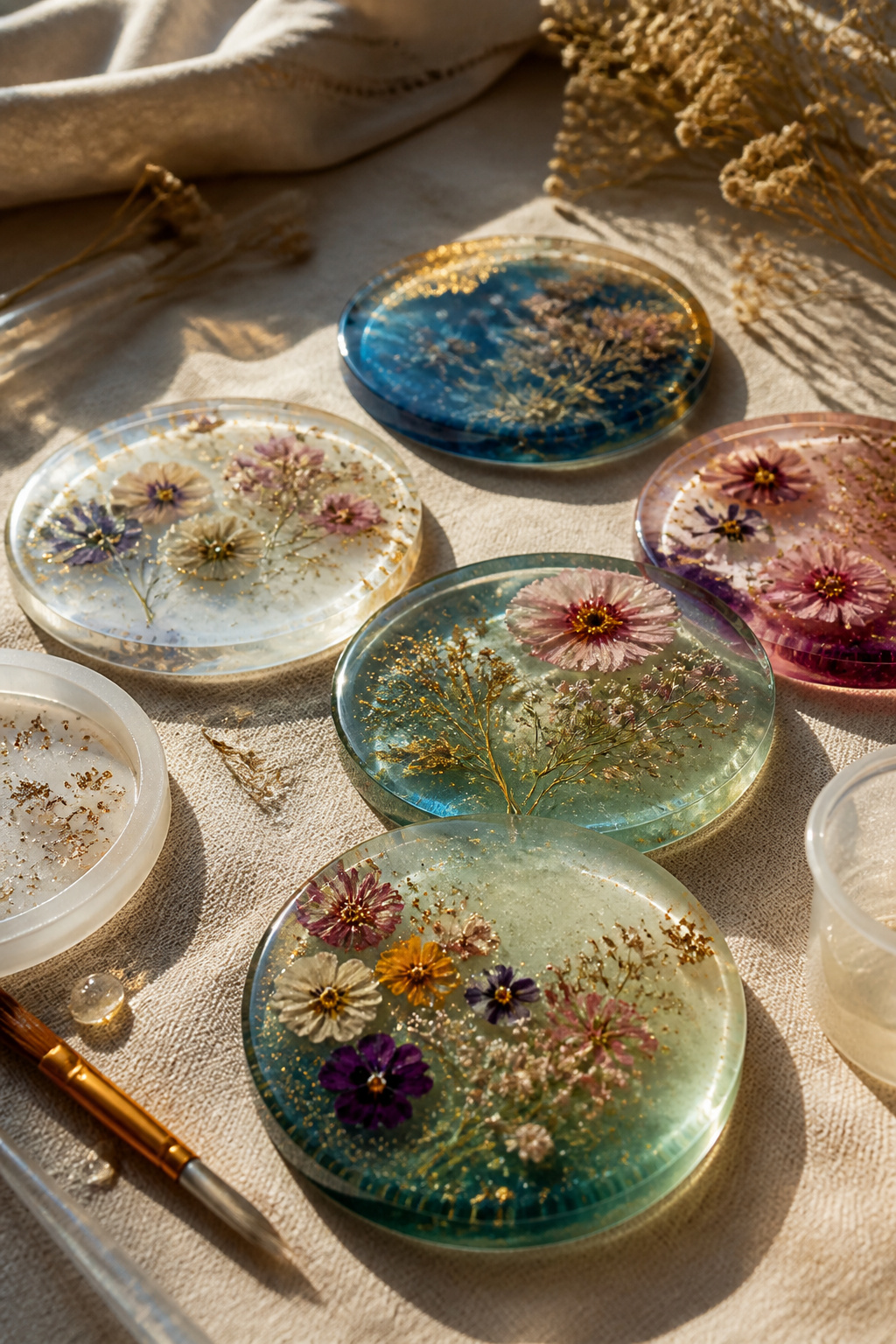 A selection of resin coasters featuring embedded flowers and glitter.