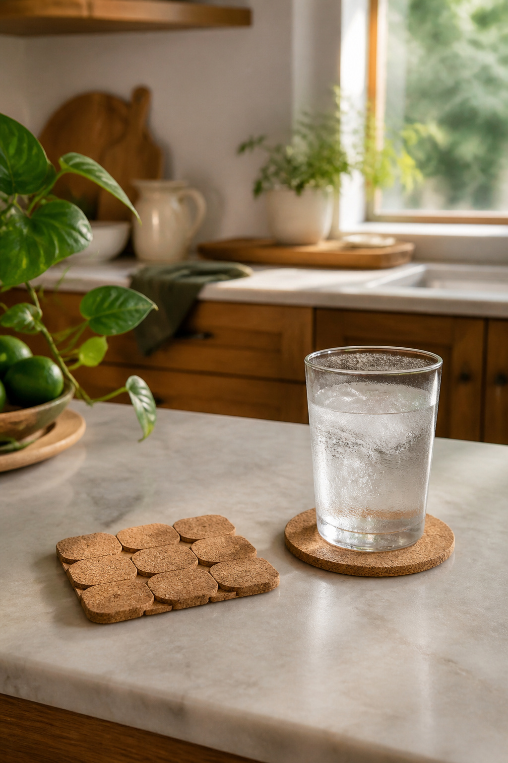 Two cork coasters of different shapes resting on a kitchen countertop.