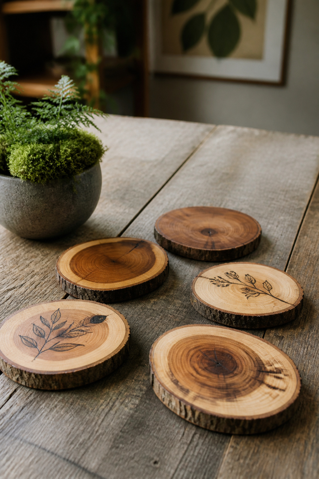 A variety of wood slice coasters displayed on a wooden table.