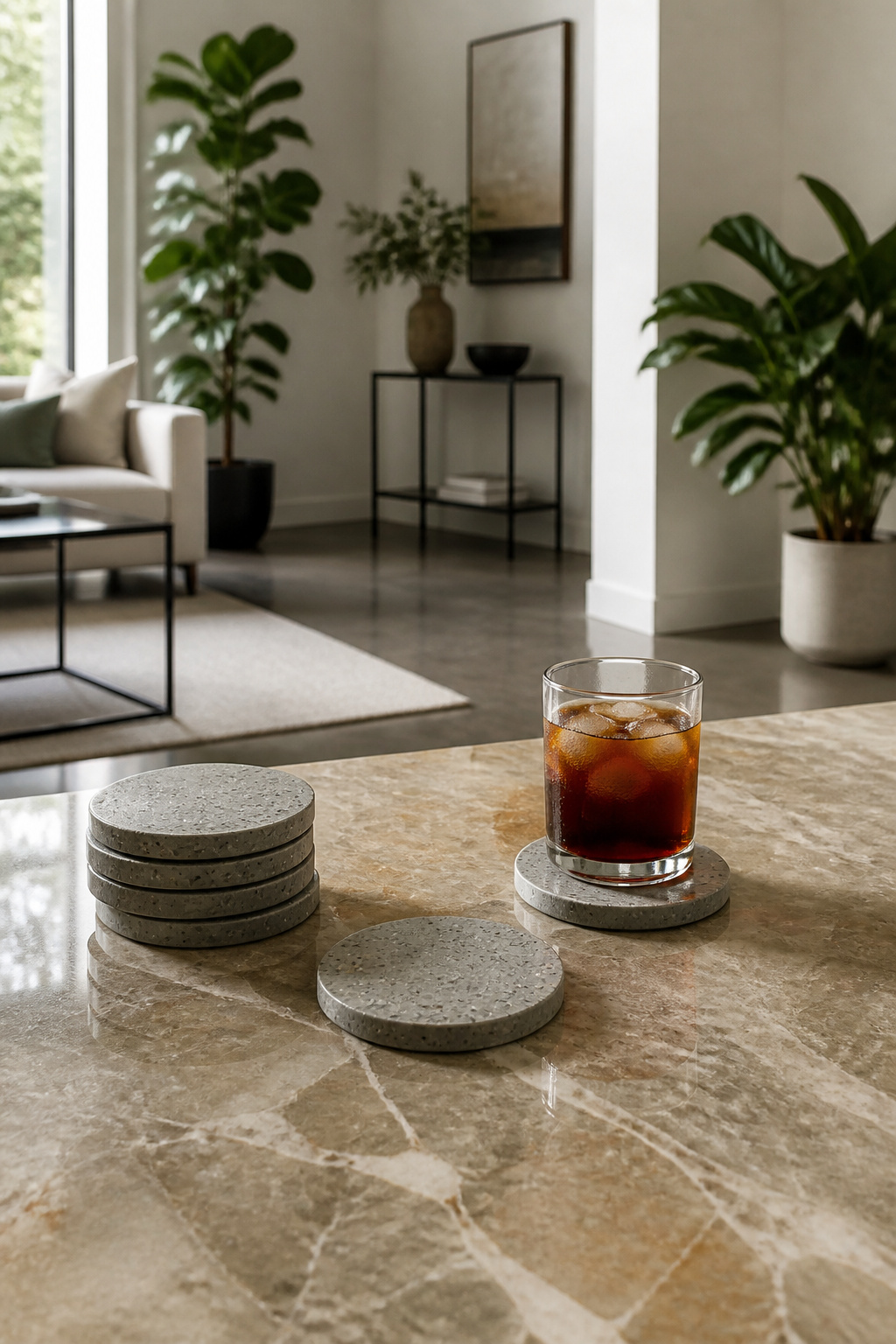 Two concrete coasters with decorative elements on a kitchen counter.