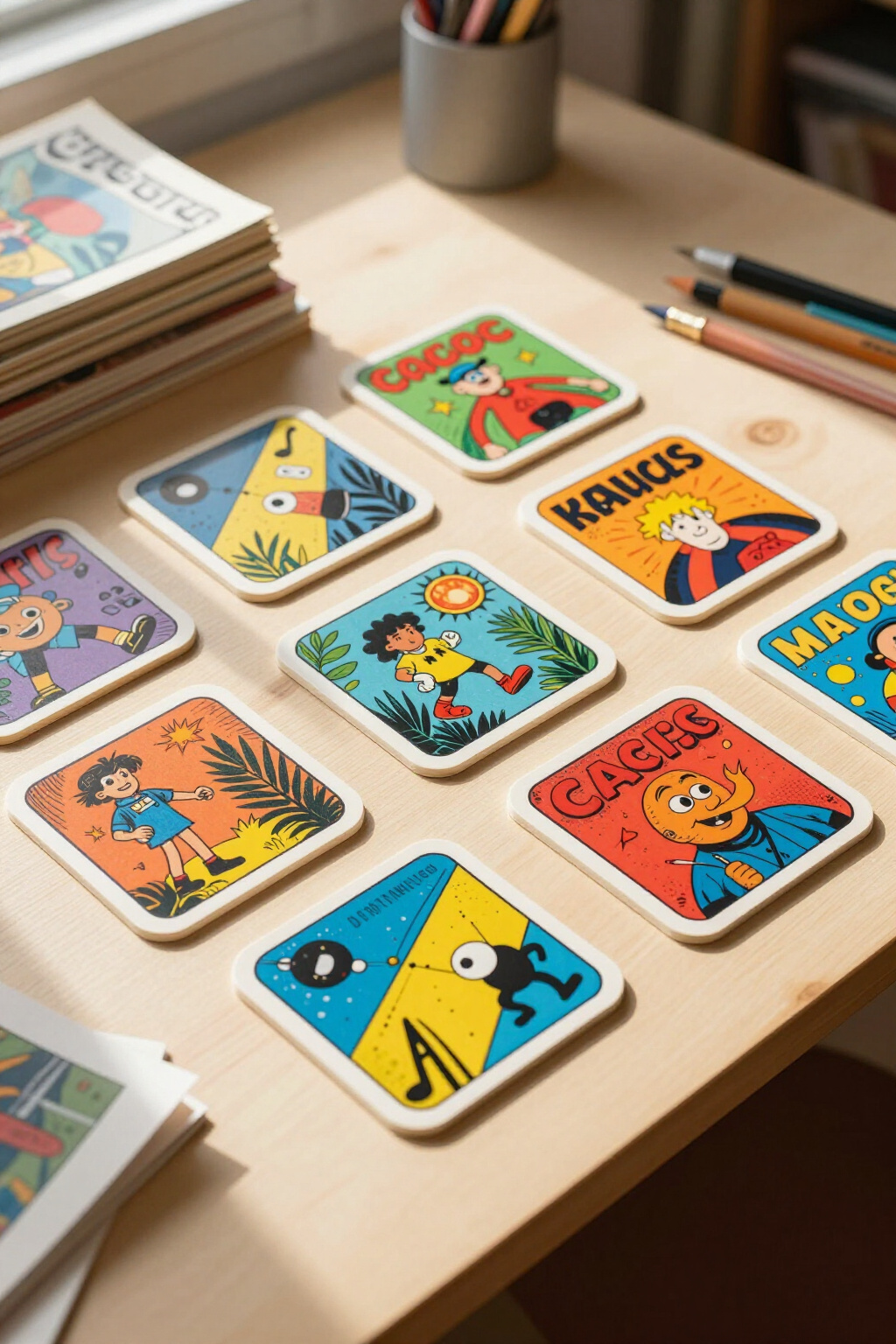 A colorful array of comic book coasters displayed on a bright table.