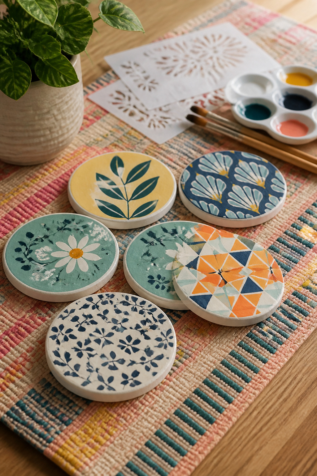 A selection of painted coasters with various colorful designs.