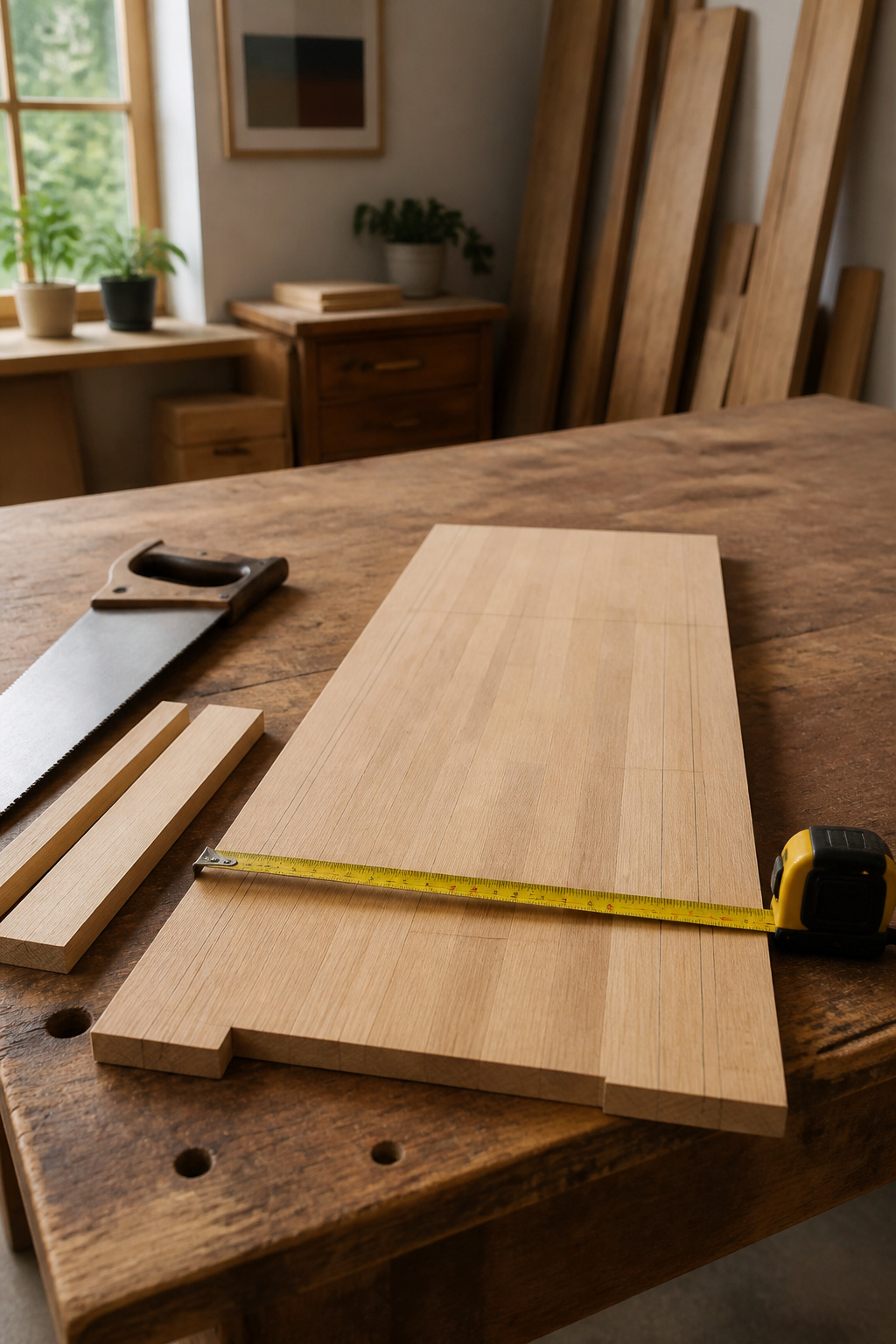 A flat wooden board on a workbench with measuring tape and tools.