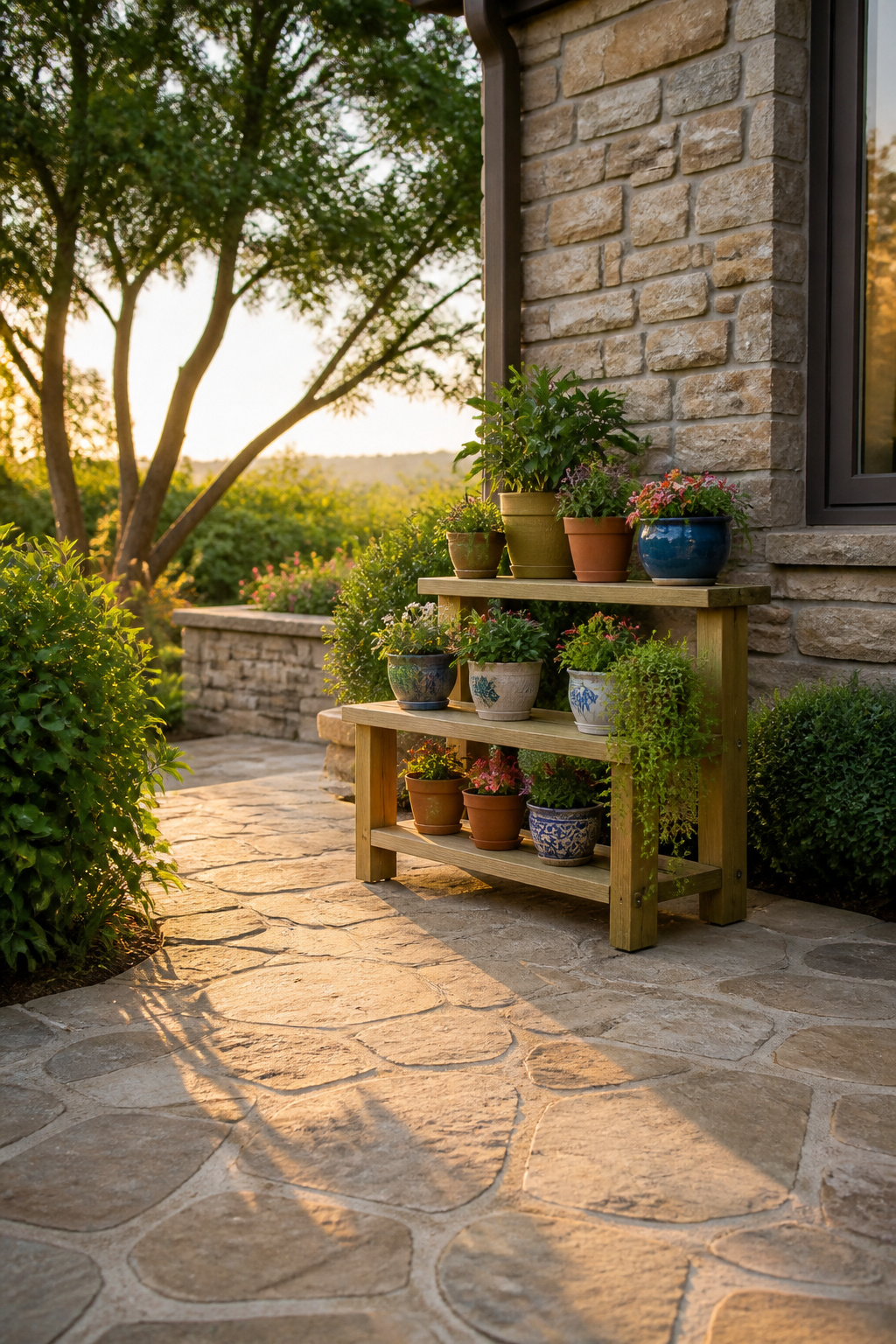 A sturdy outdoor plant stand built with pressure-treated lumber.