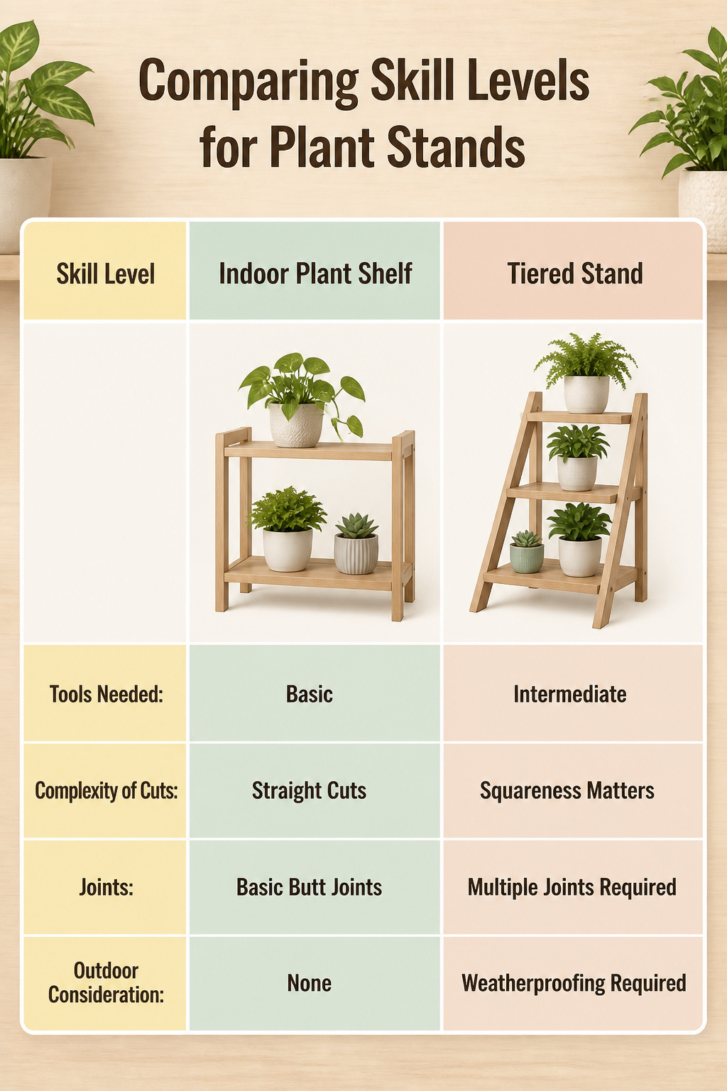 A chart comparing skill levels for various plant stand projects.