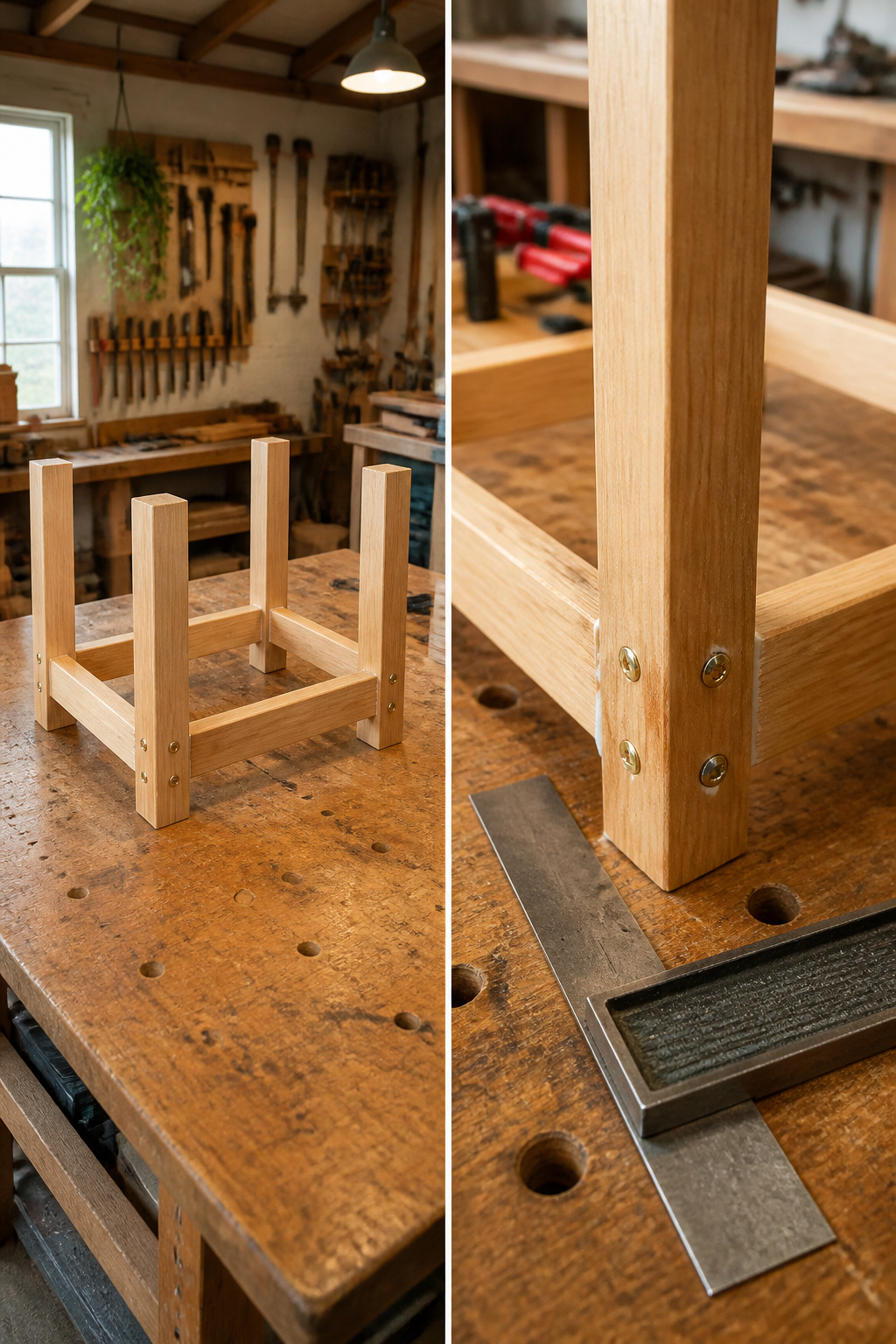 Wooden legs connected to lower rails using screws in a workshop.