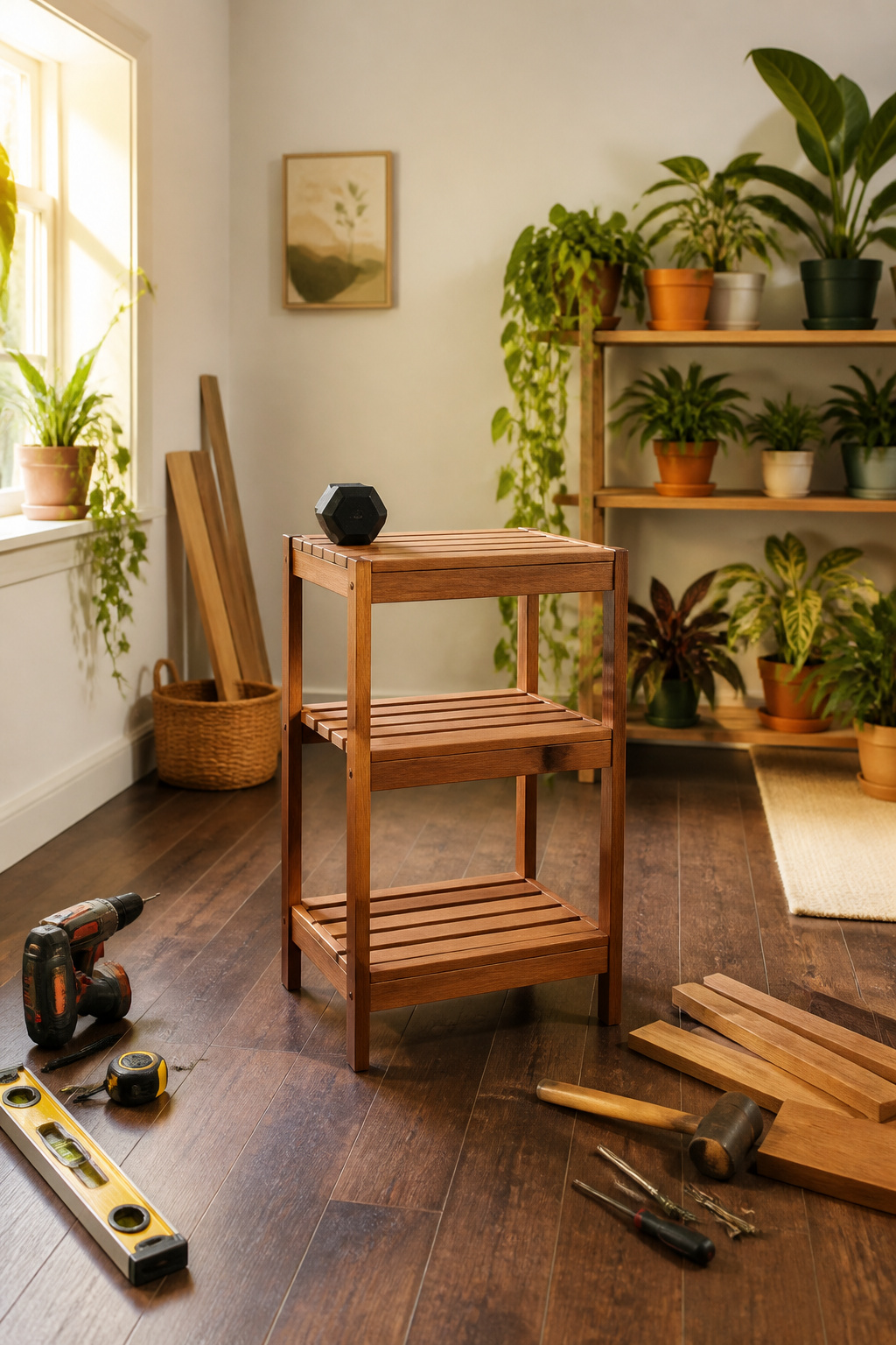 A plant stand being tested for stability before adding pots.