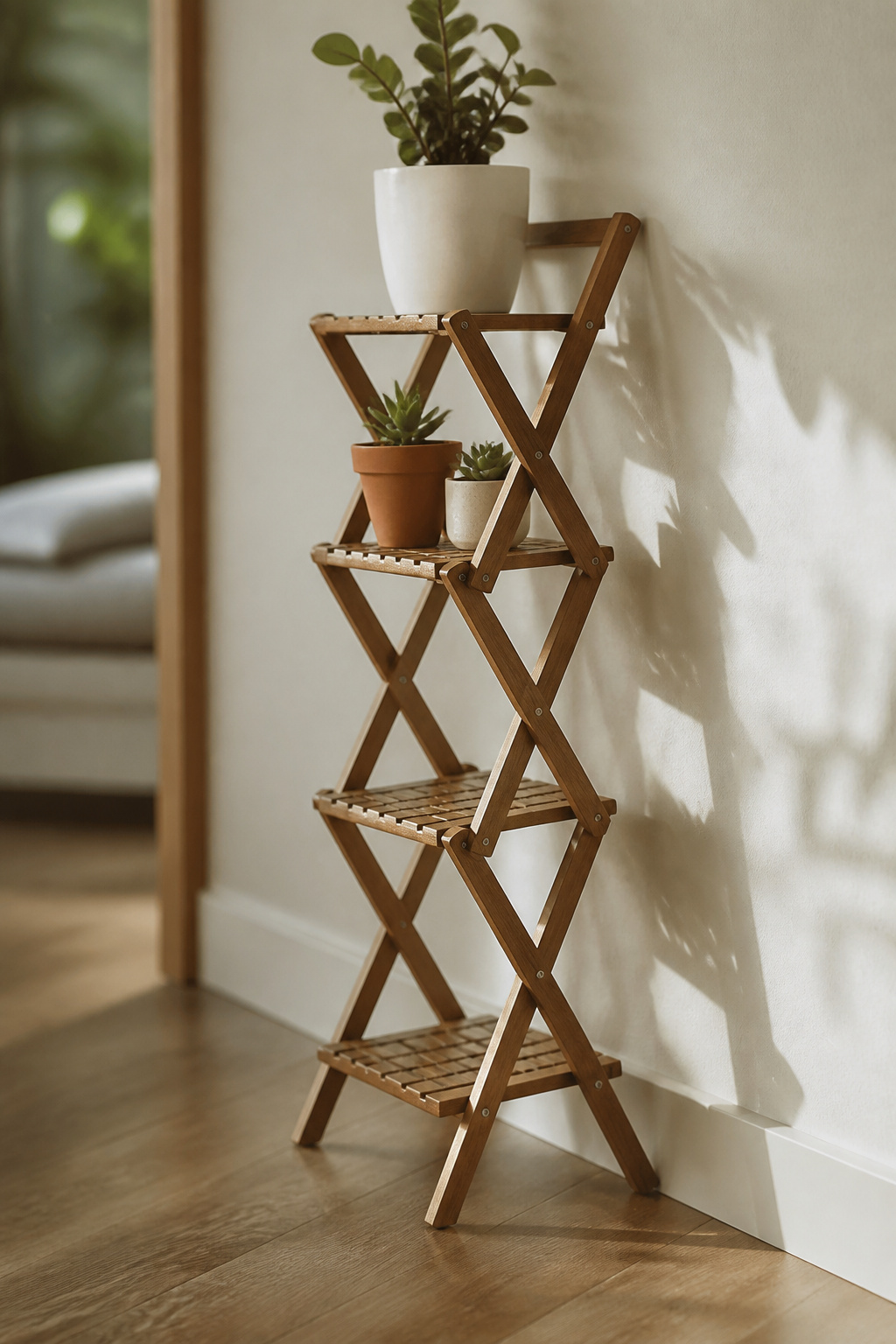 A folding plant stand with legs joined by a central bolt.