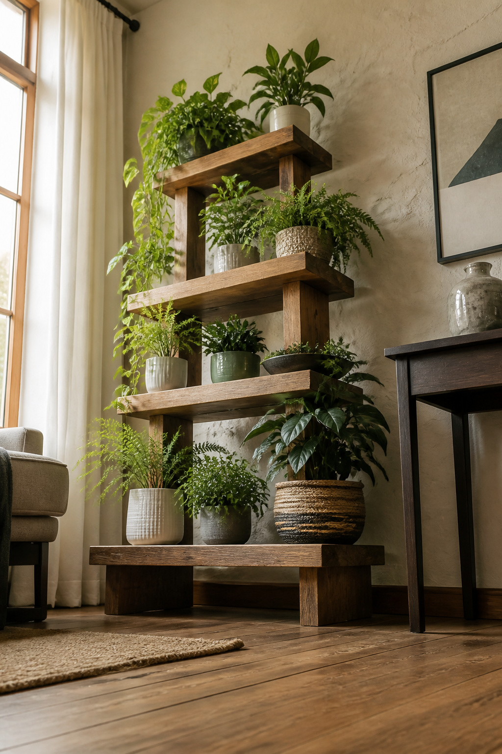 A tiered plant stand showcasing plants at different heights.