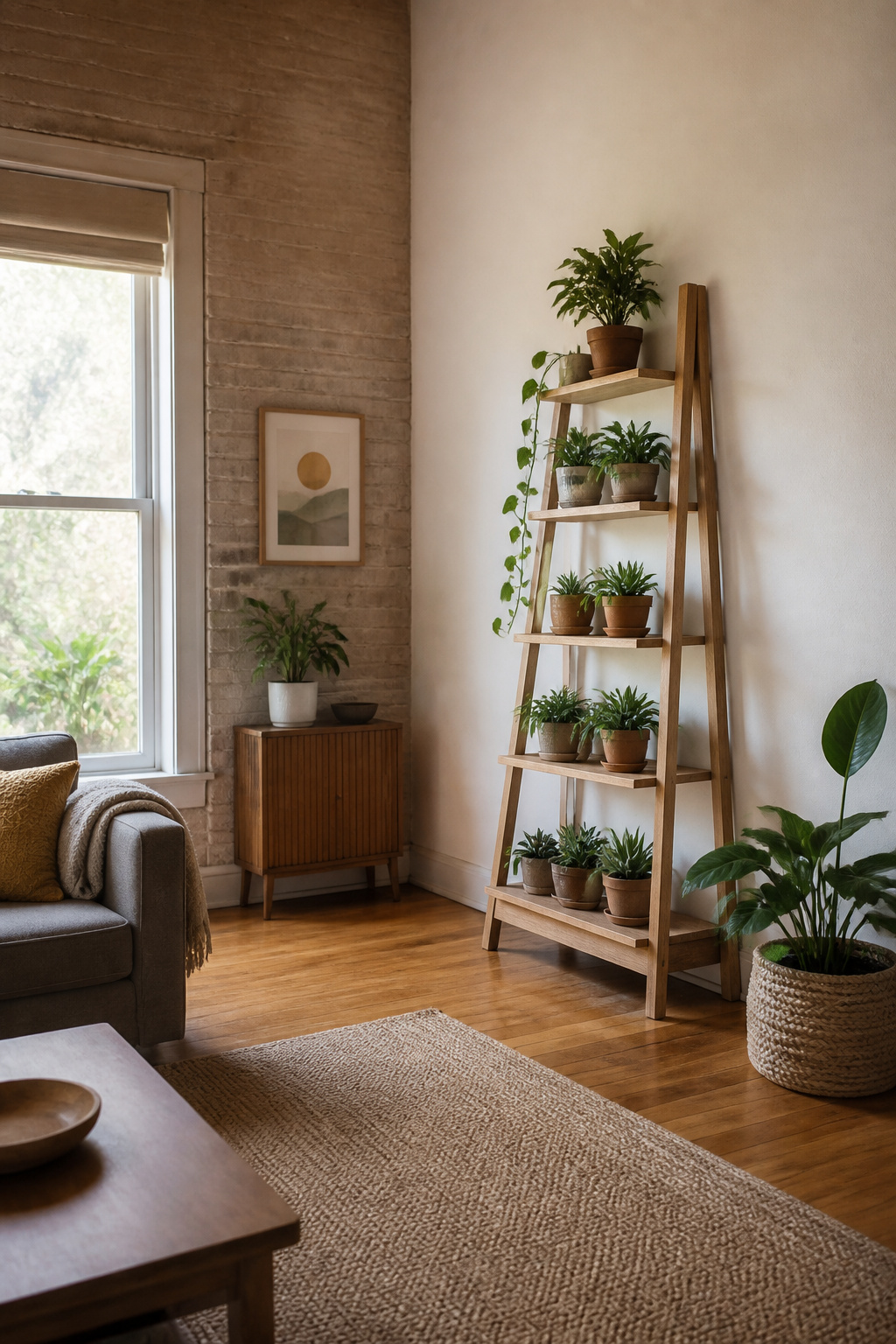 A leaning plant shelf resembling a ladder against a wall.