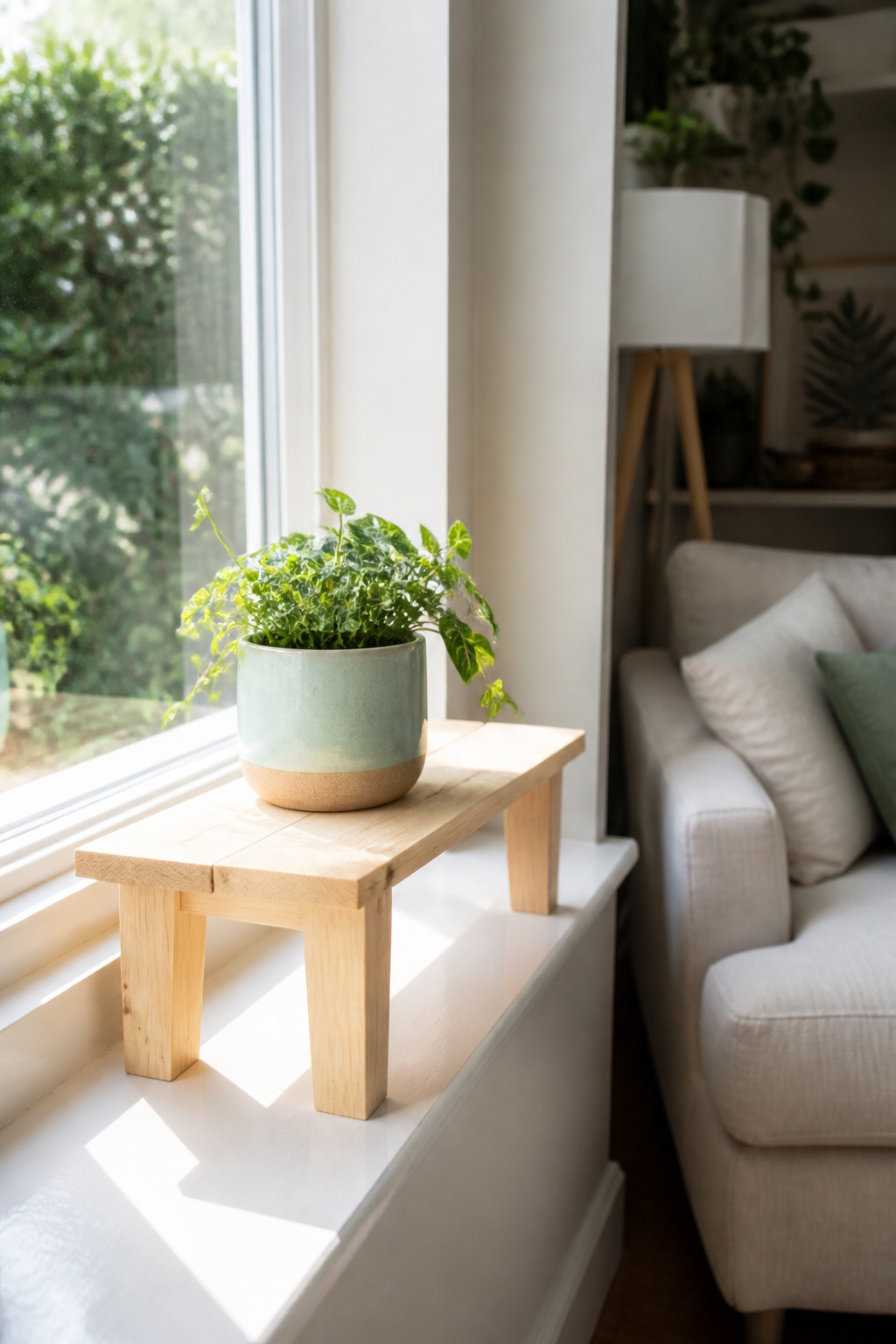 An indoor plant shelf on a windowsill displaying a vibrant pot.