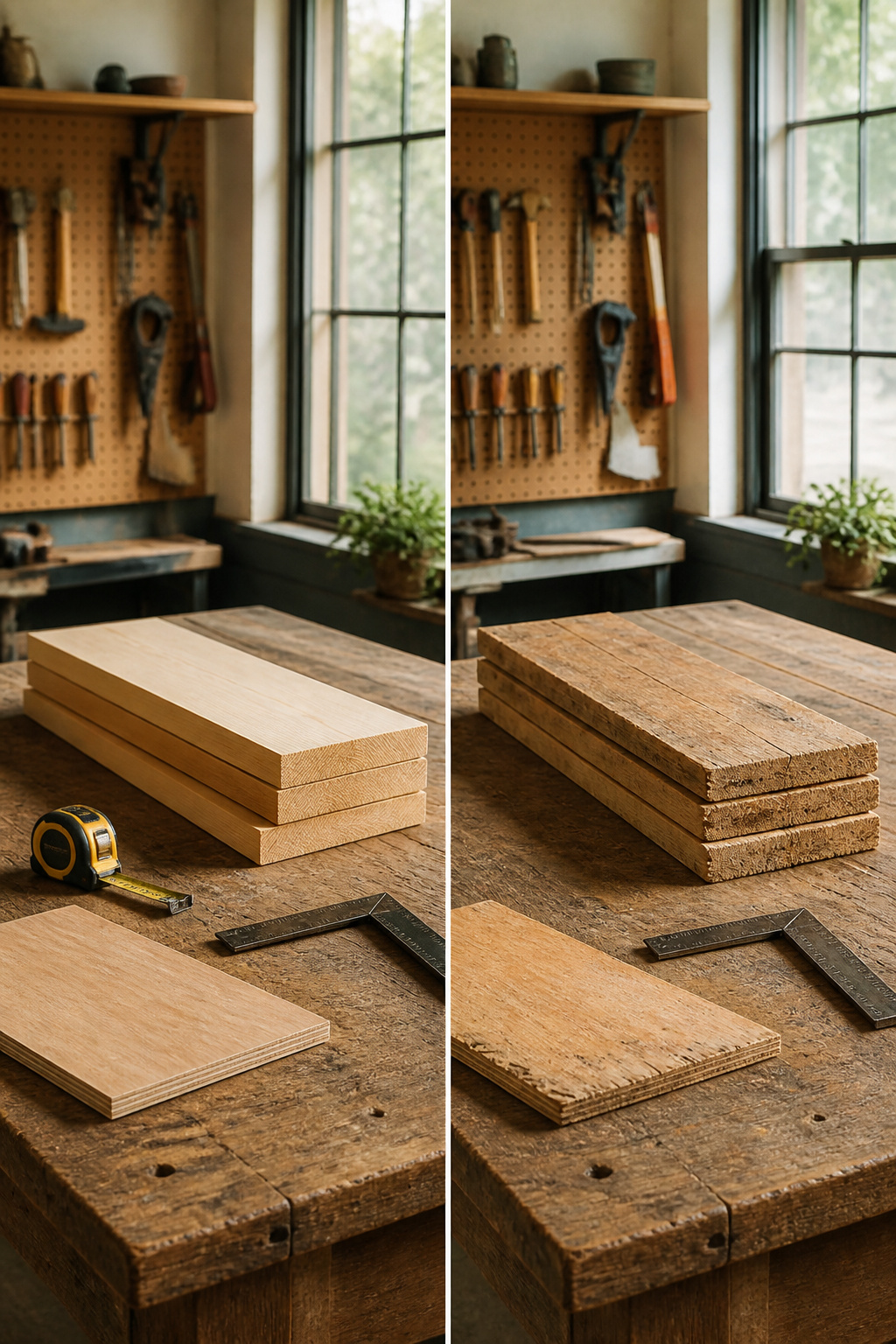 Pine boards and birch plywood stacked on a workbench.