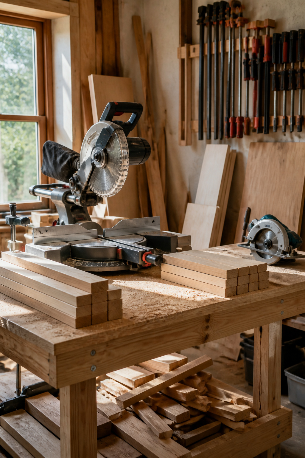 Miter saw on a table with freshly cut wood pieces.