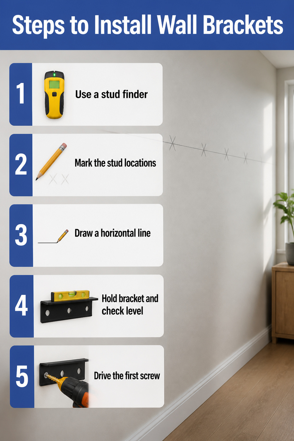 A stud finder marking stud locations on a wall.