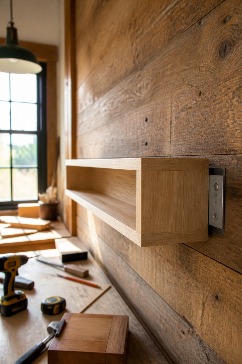 A floating shelf box mounted on a textured wall.